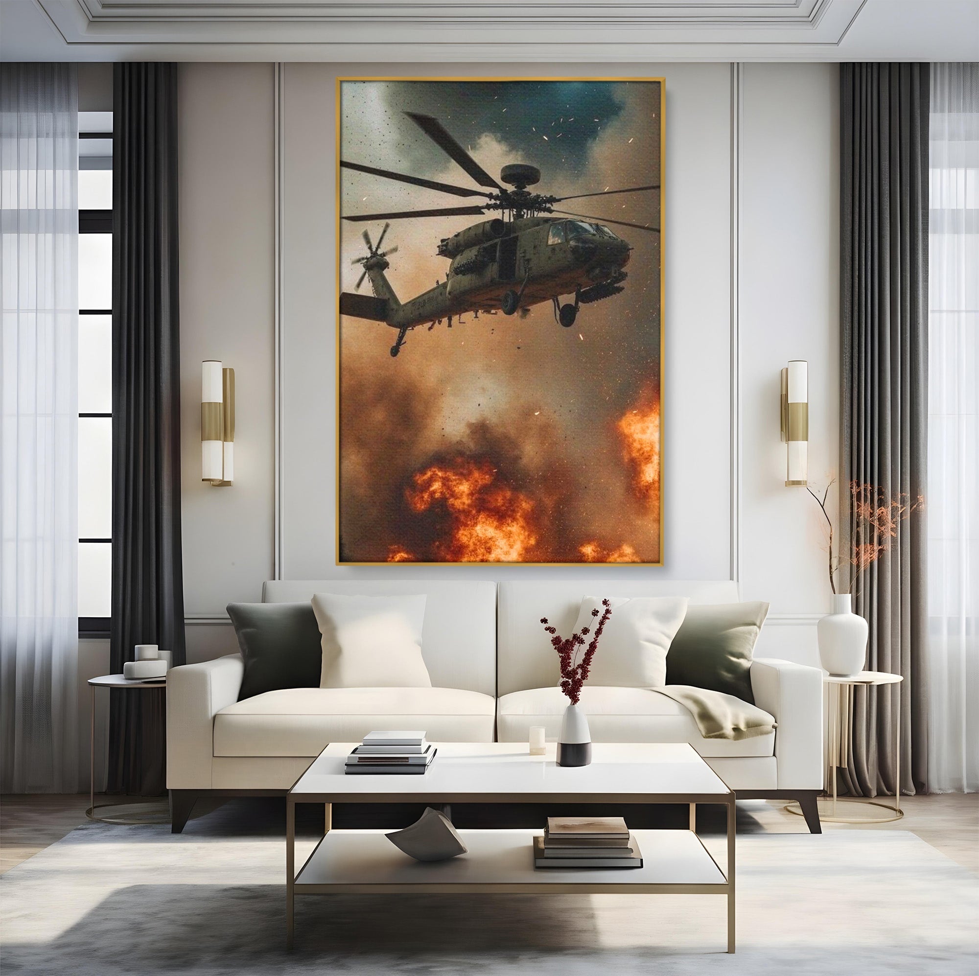 Tablou Canvas Premium LuxCanva® PI1290, Elicopter In Actiune, Foc, Actiune, Explozie, Cer, Dramatic, Living, Culori Vibrante
