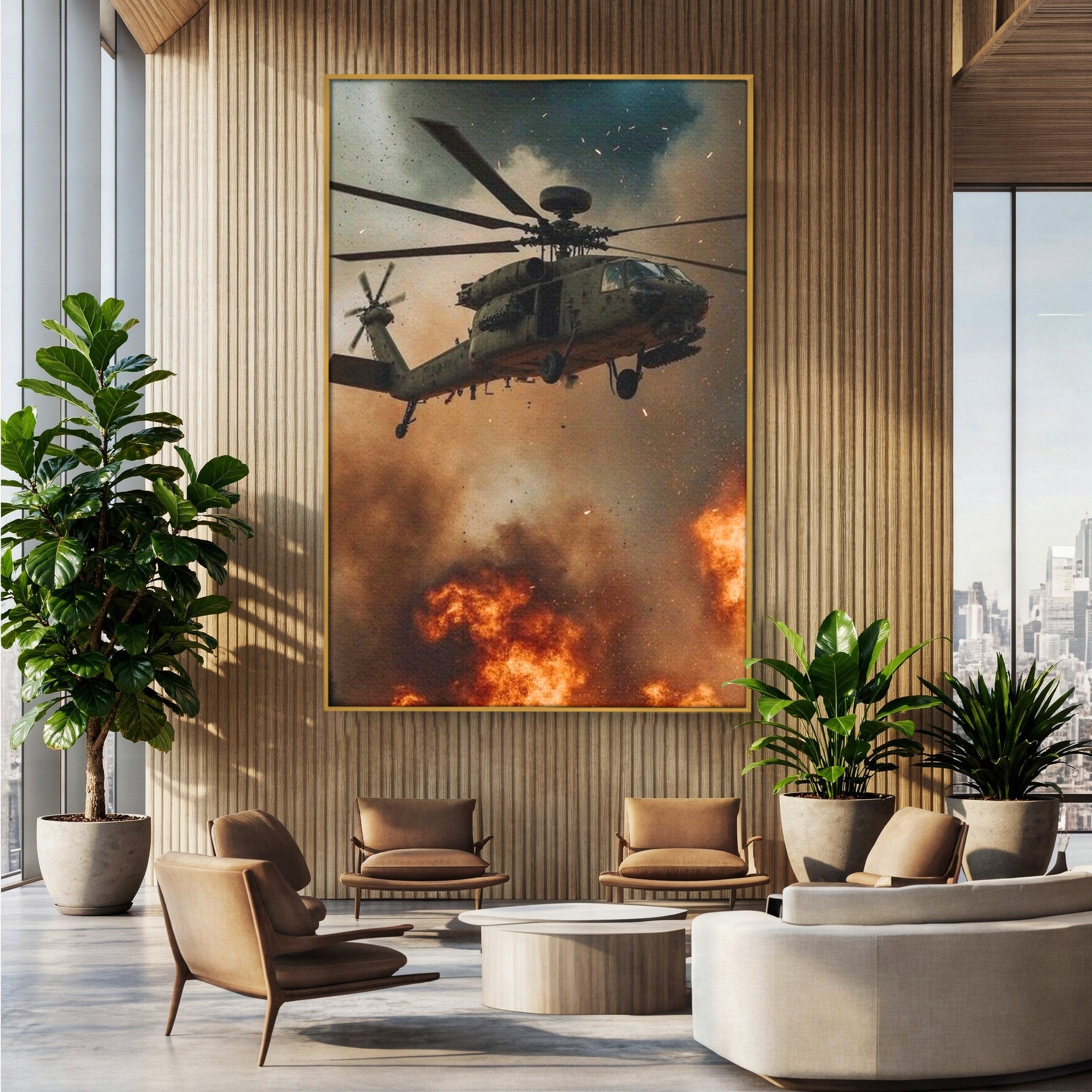 Tablou Canvas Premium LuxCanva® PI1290, Elicopter In Actiune, Foc, Actiune, Explozie, Cer, Dramatic, Living, Culori Vibrante
