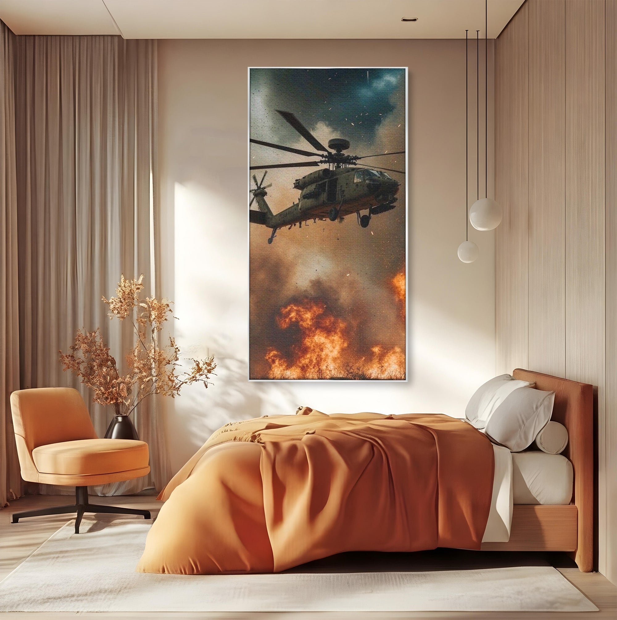Tablou Canvas Premium LuxCanva® PI1290, Elicopter In Actiune, Foc, Actiune, Explozie, Cer, Dramatic, Living, Culori Vibrante