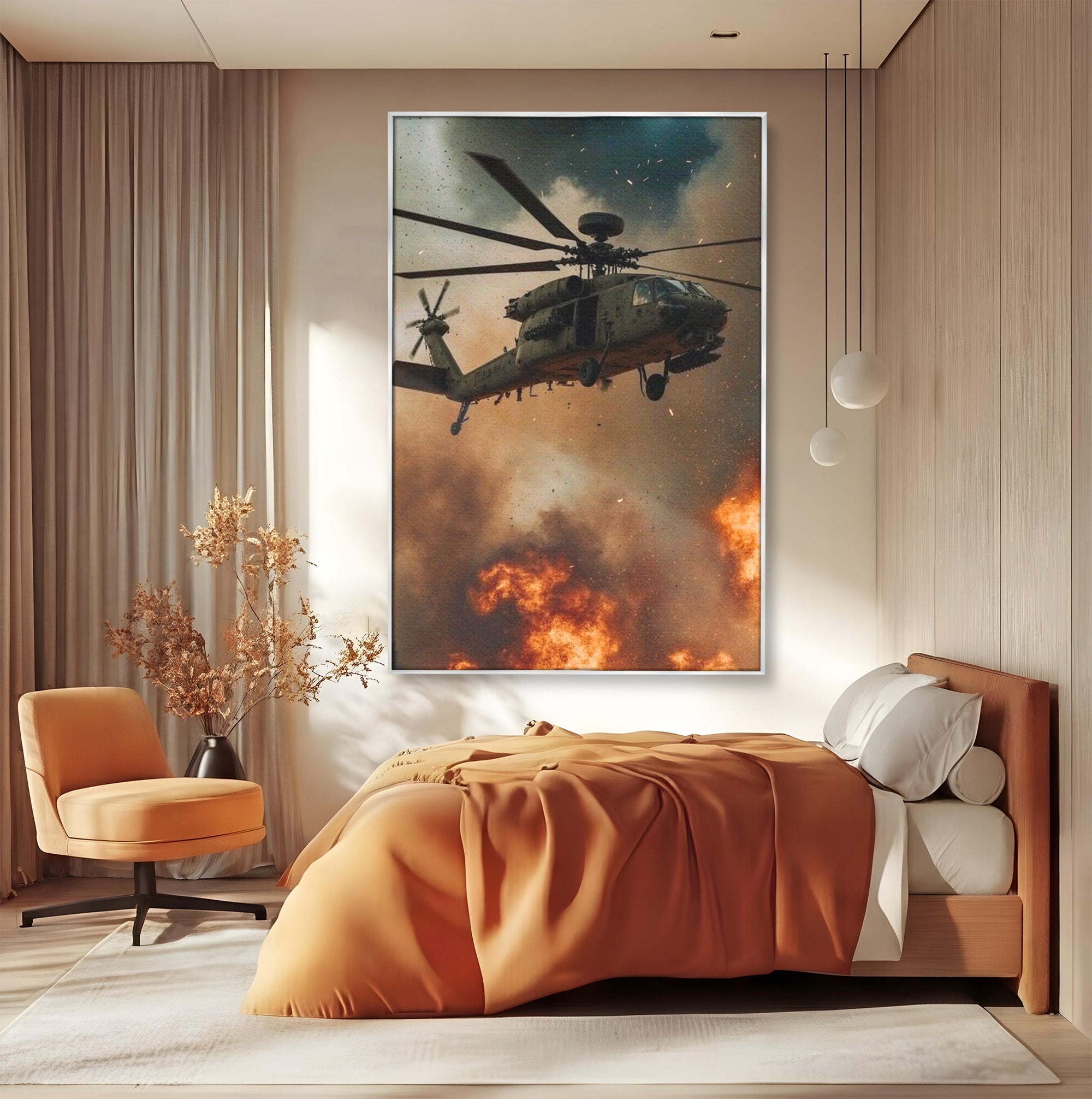 Tablou Canvas Premium LuxCanva® PI1290, Elicopter In Actiune, Foc, Actiune, Explozie, Cer, Dramatic, Living, Culori Vibrante