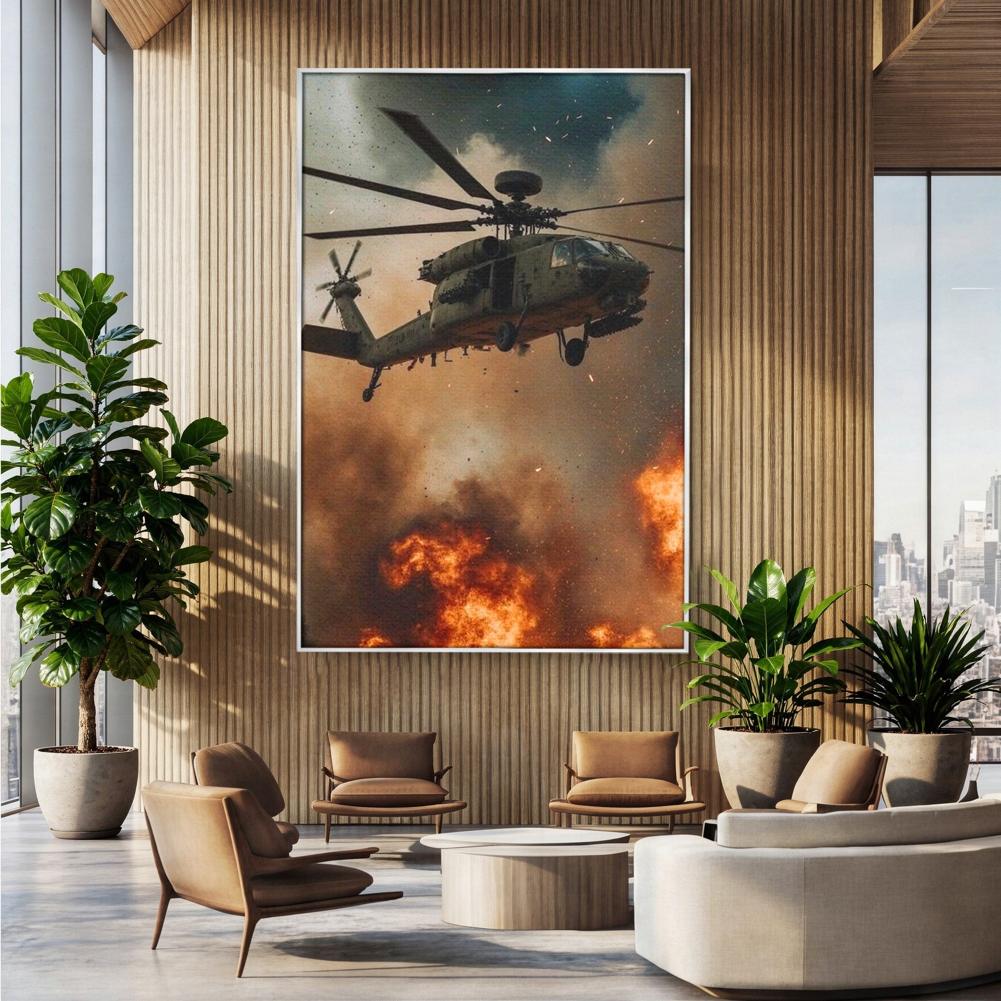 Tablou Canvas Premium LuxCanva® PI1290, Elicopter In Actiune, Foc, Actiune, Explozie, Cer, Dramatic, Living, Culori Vibrante