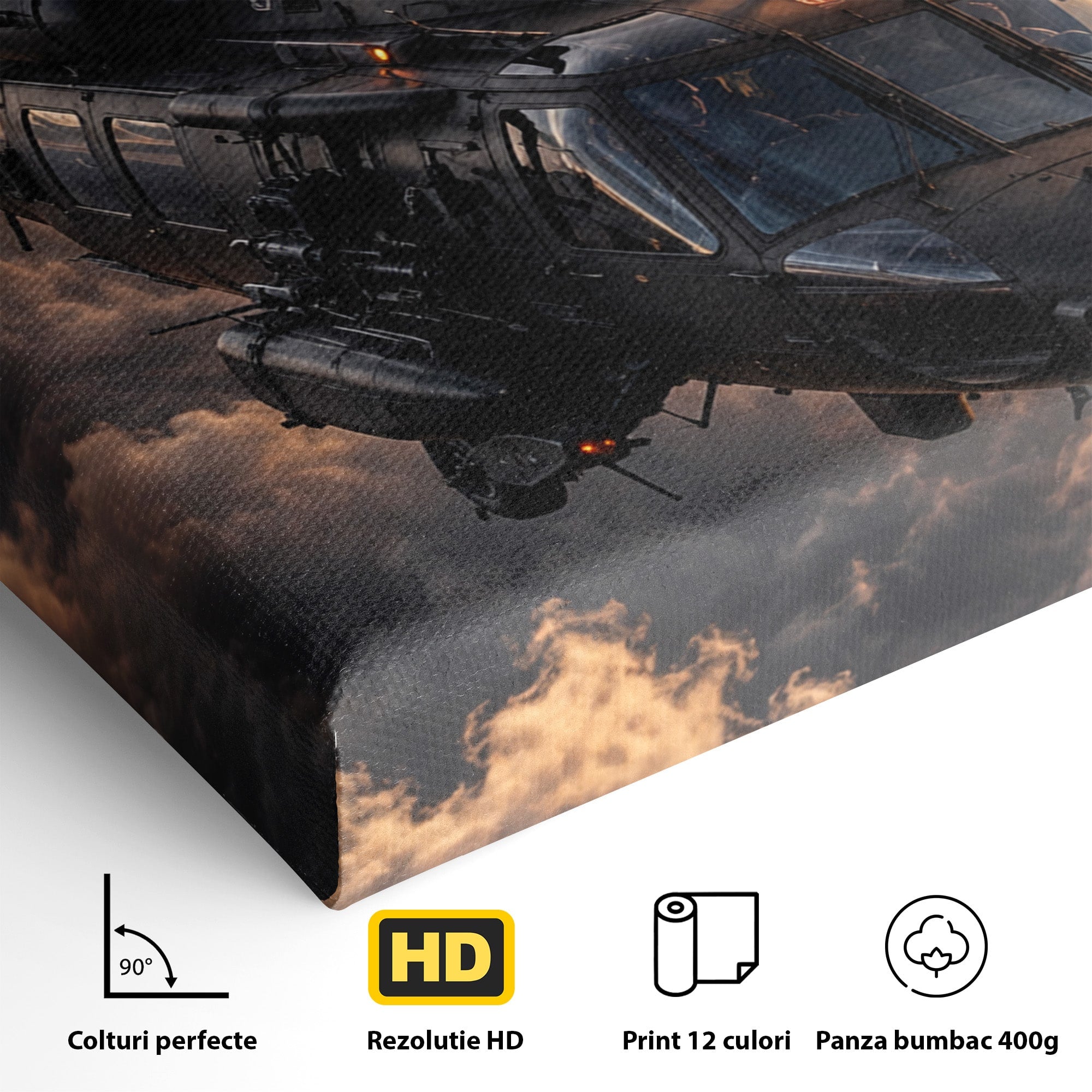 Tablou Canvas Premium LuxCanva® PI1291, Elicopter In Apus, Elice, Cer, Apus, Aventura, Dormitor, Culori Vibrante