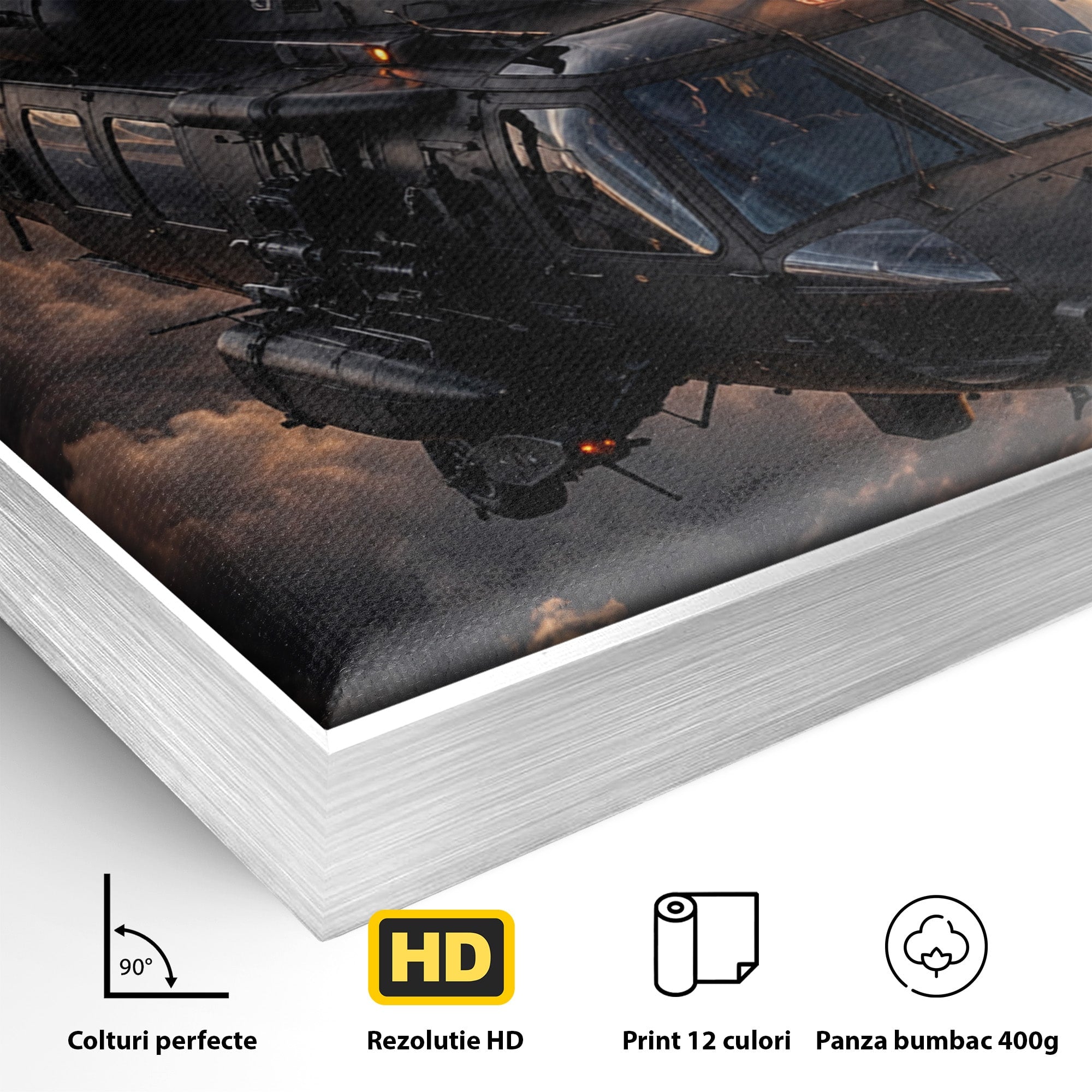 Tablou Canvas Premium LuxCanva® PI1291, Elicopter In Apus, Elice, Cer, Apus, Aventura, Dormitor, Culori Vibrante