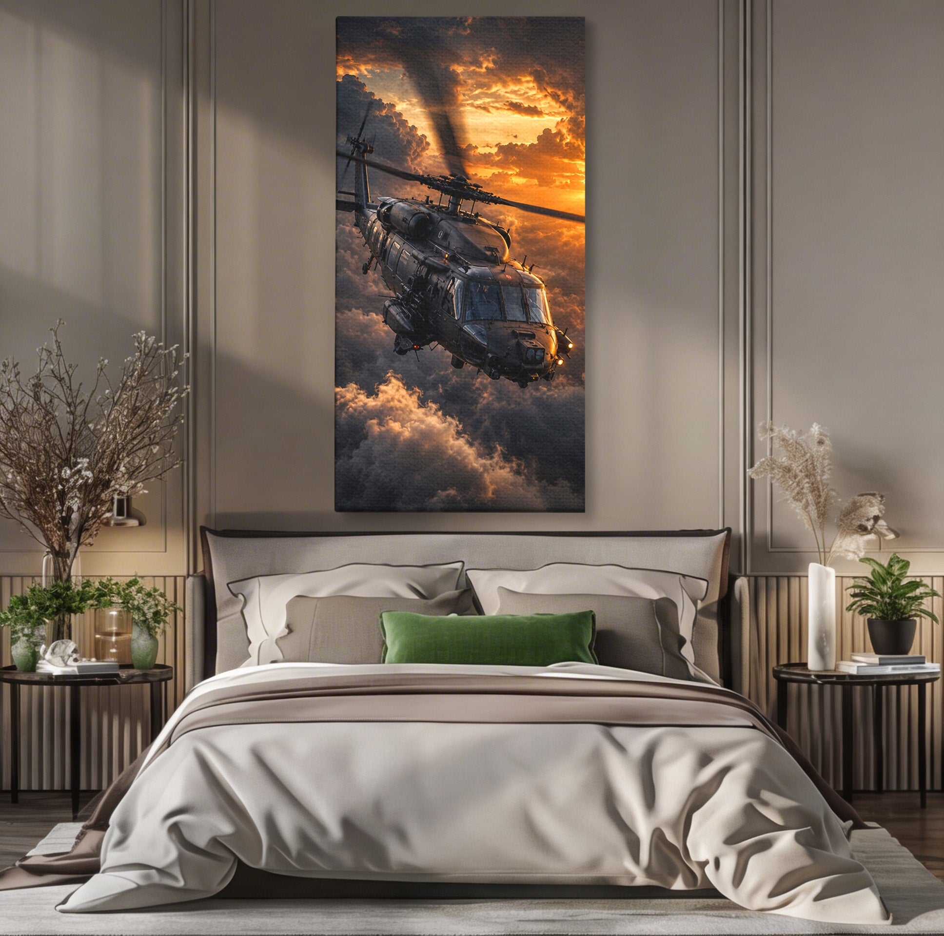 Tablou Canvas Premium LuxCanva® PI1291, Elicopter In Apus, Elice, Cer, Apus, Aventura, Dormitor, Culori Vibrante