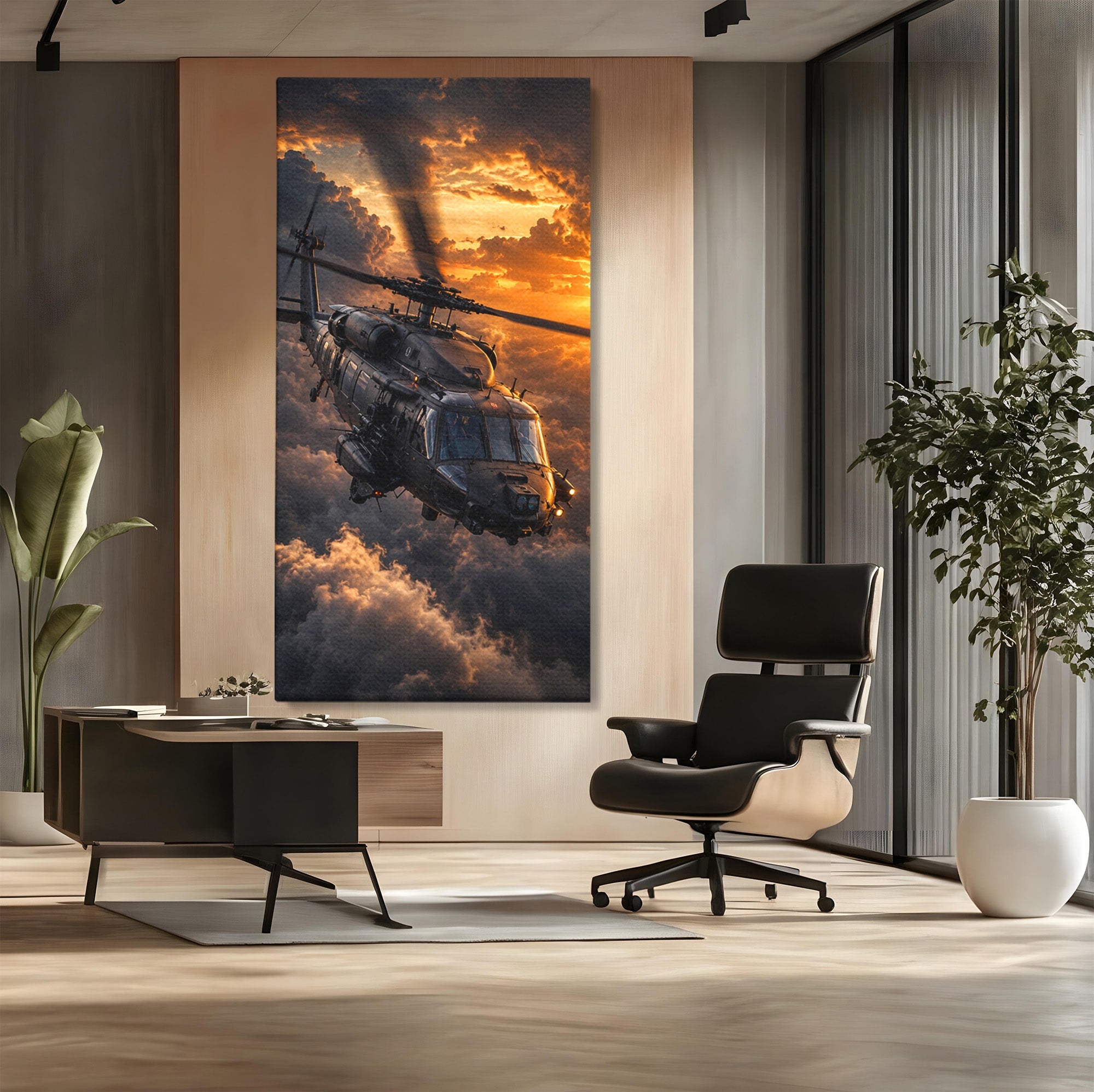 Tablou Canvas Premium LuxCanva® PI1291, Elicopter In Apus, Elice, Cer, Apus, Aventura, Dormitor, Culori Vibrante