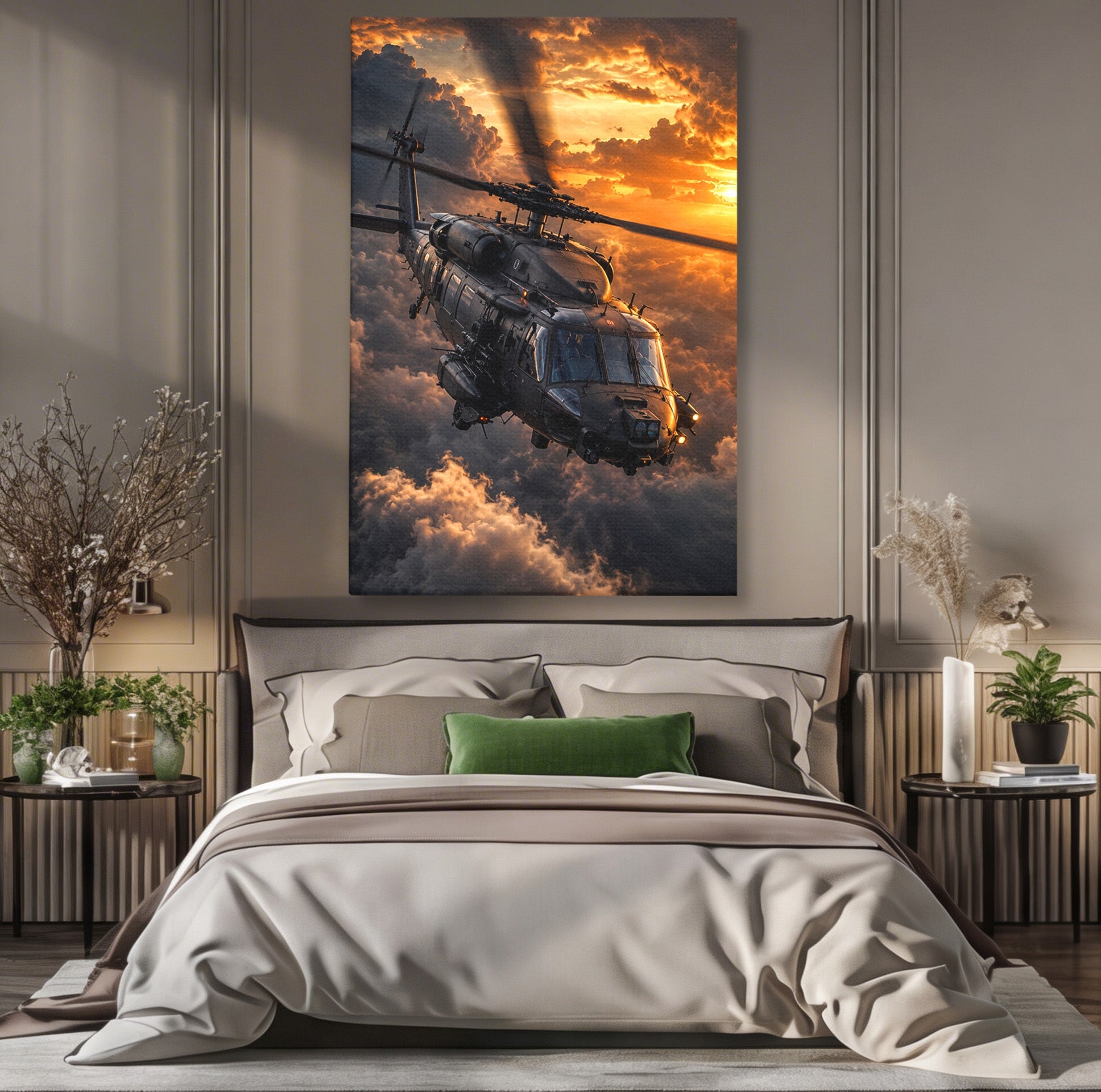 Tablou Canvas Premium LuxCanva® PI1291, Elicopter In Apus, Elice, Cer, Apus, Aventura, Dormitor, Culori Vibrante