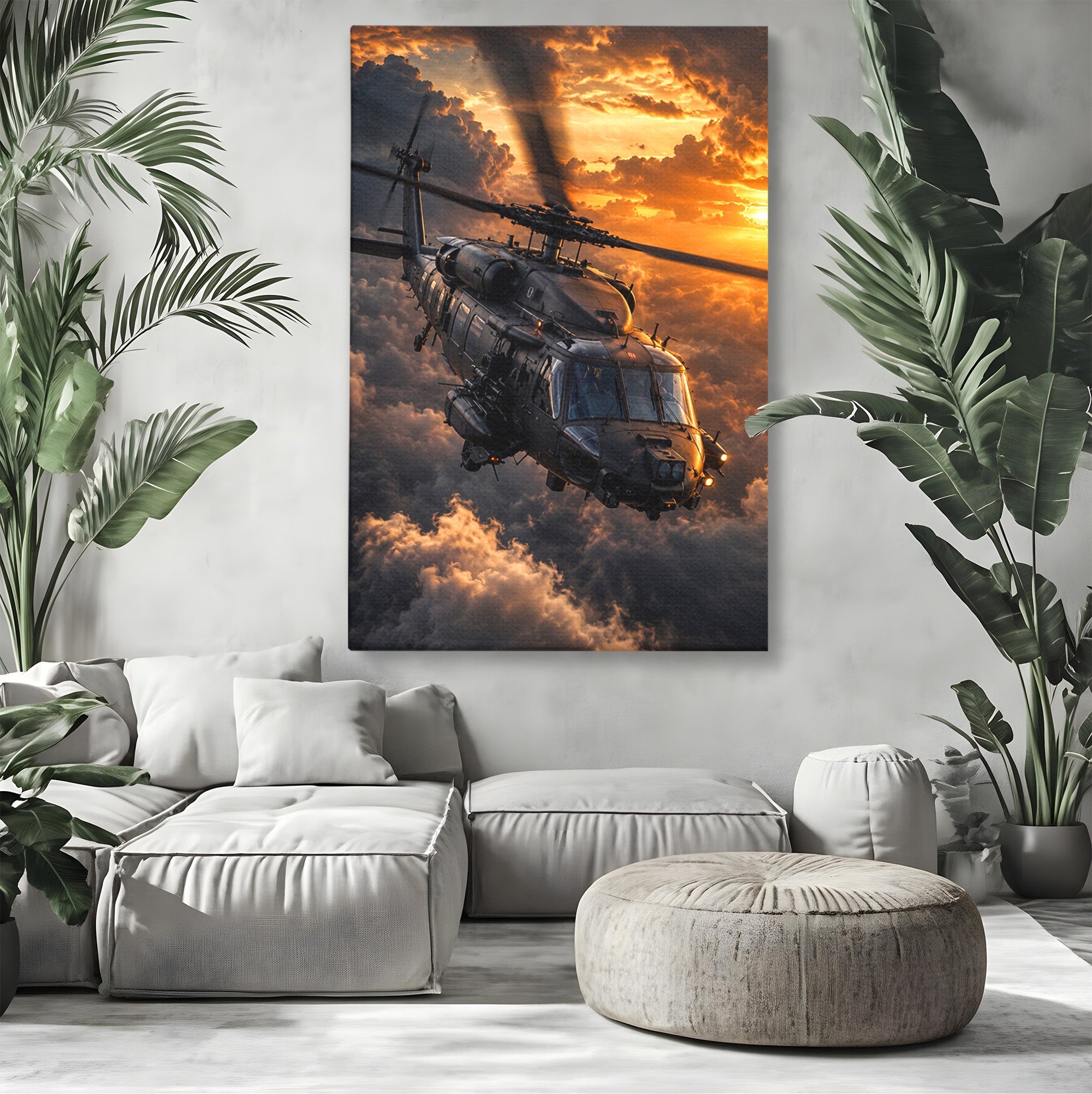 Tablou Canvas Premium LuxCanva® PI1291, Elicopter In Apus, Elice, Cer, Apus, Aventura, Dormitor, Culori Vibrante