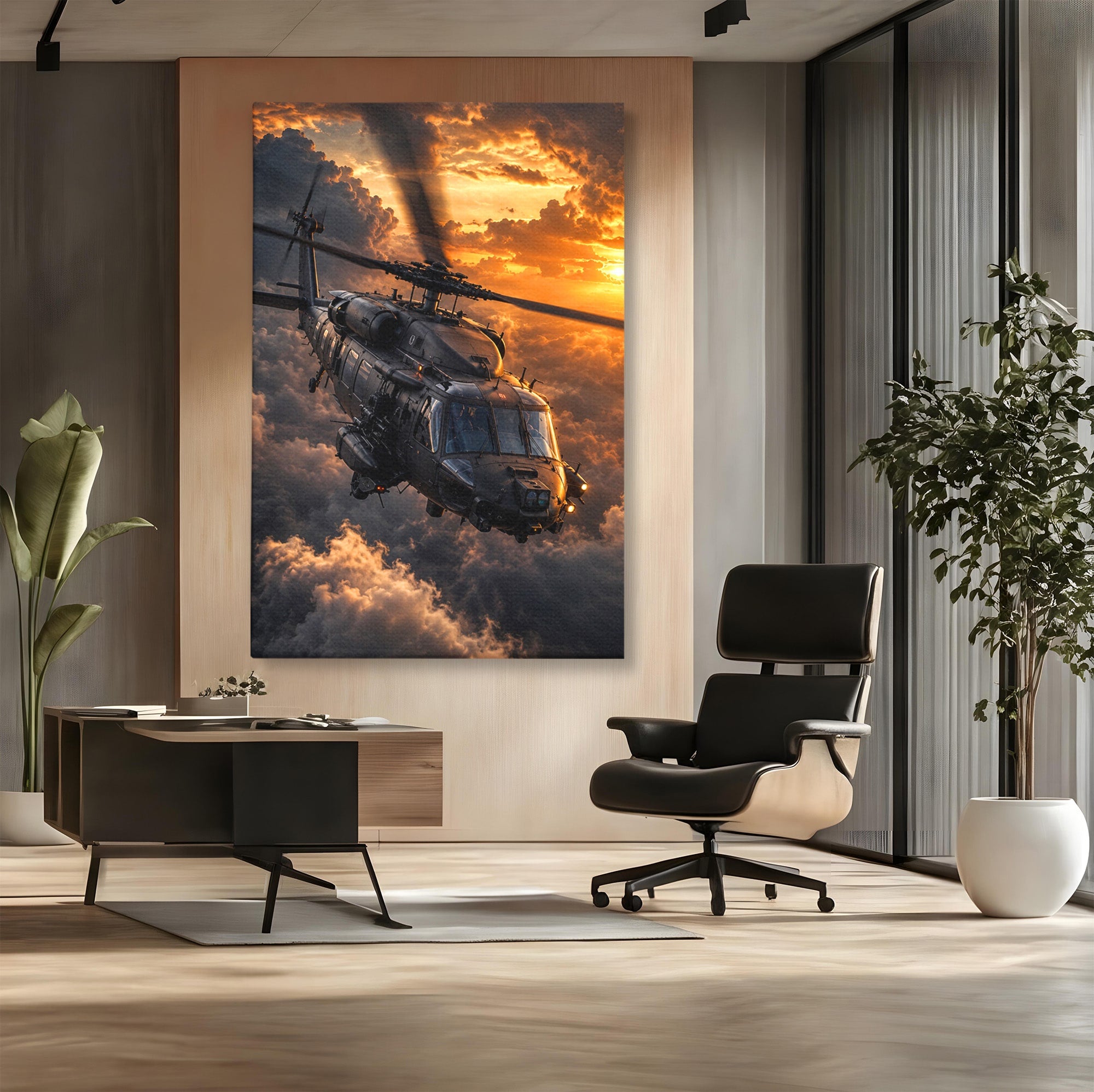 Tablou Canvas Premium LuxCanva® PI1291, Elicopter In Apus, Elice, Cer, Apus, Aventura, Dormitor, Culori Vibrante