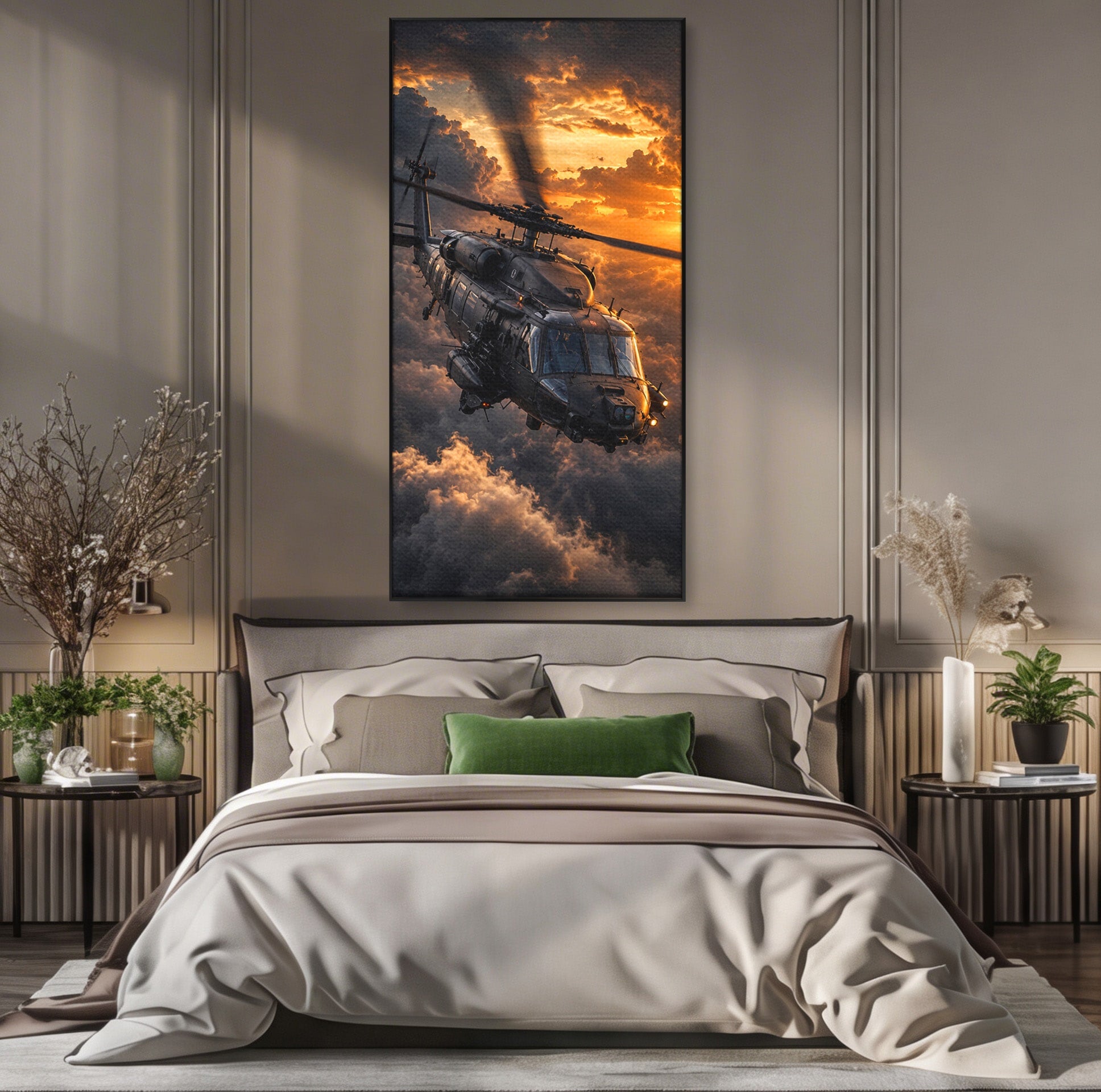 Tablou Canvas Premium LuxCanva® PI1291, Elicopter In Apus, Elice, Cer, Apus, Aventura, Dormitor, Culori Vibrante