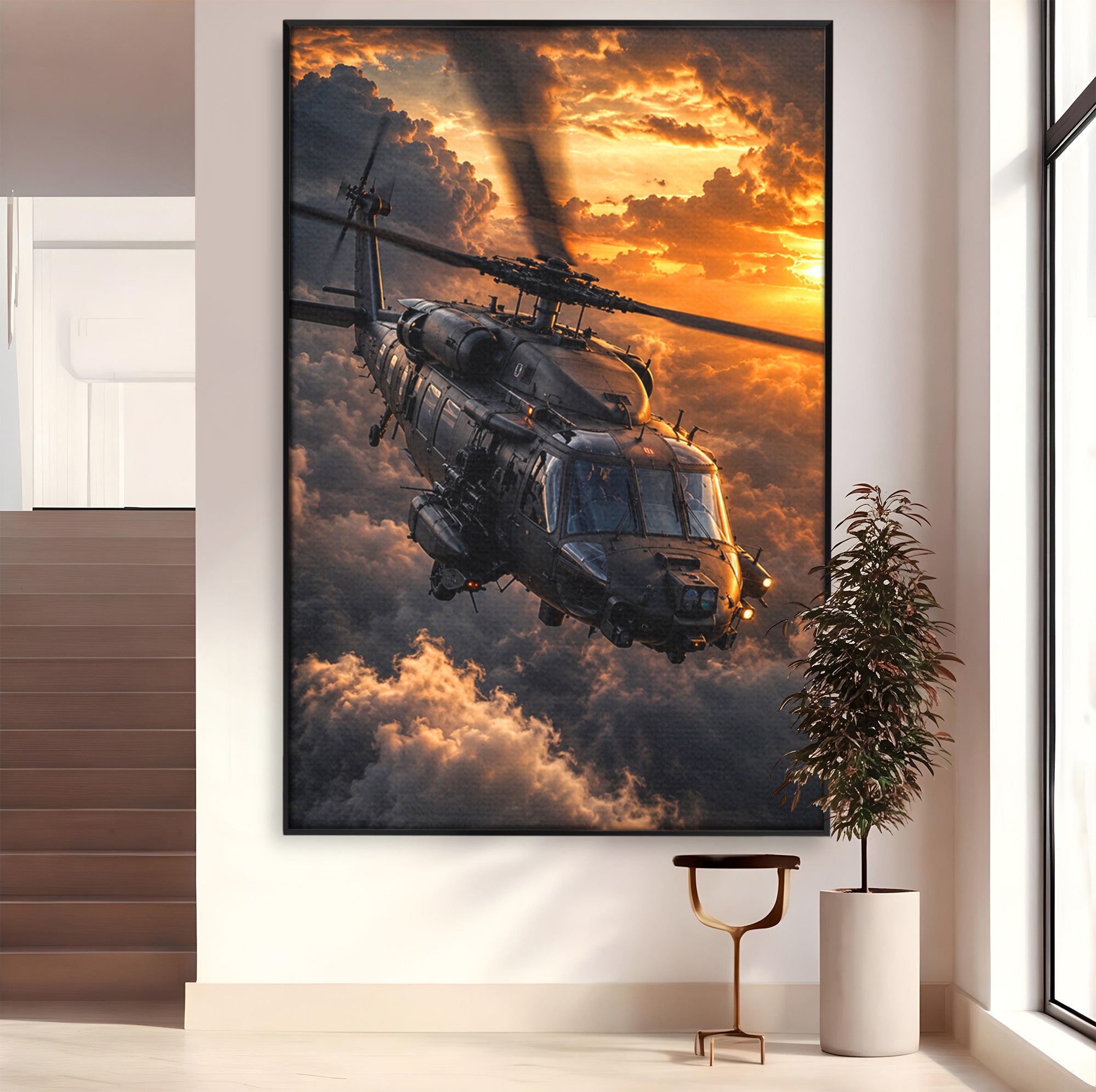 Tablou Canvas Premium LuxCanva® PI1291, Elicopter In Apus, Elice, Cer, Apus, Aventura, Dormitor, Culori Vibrante