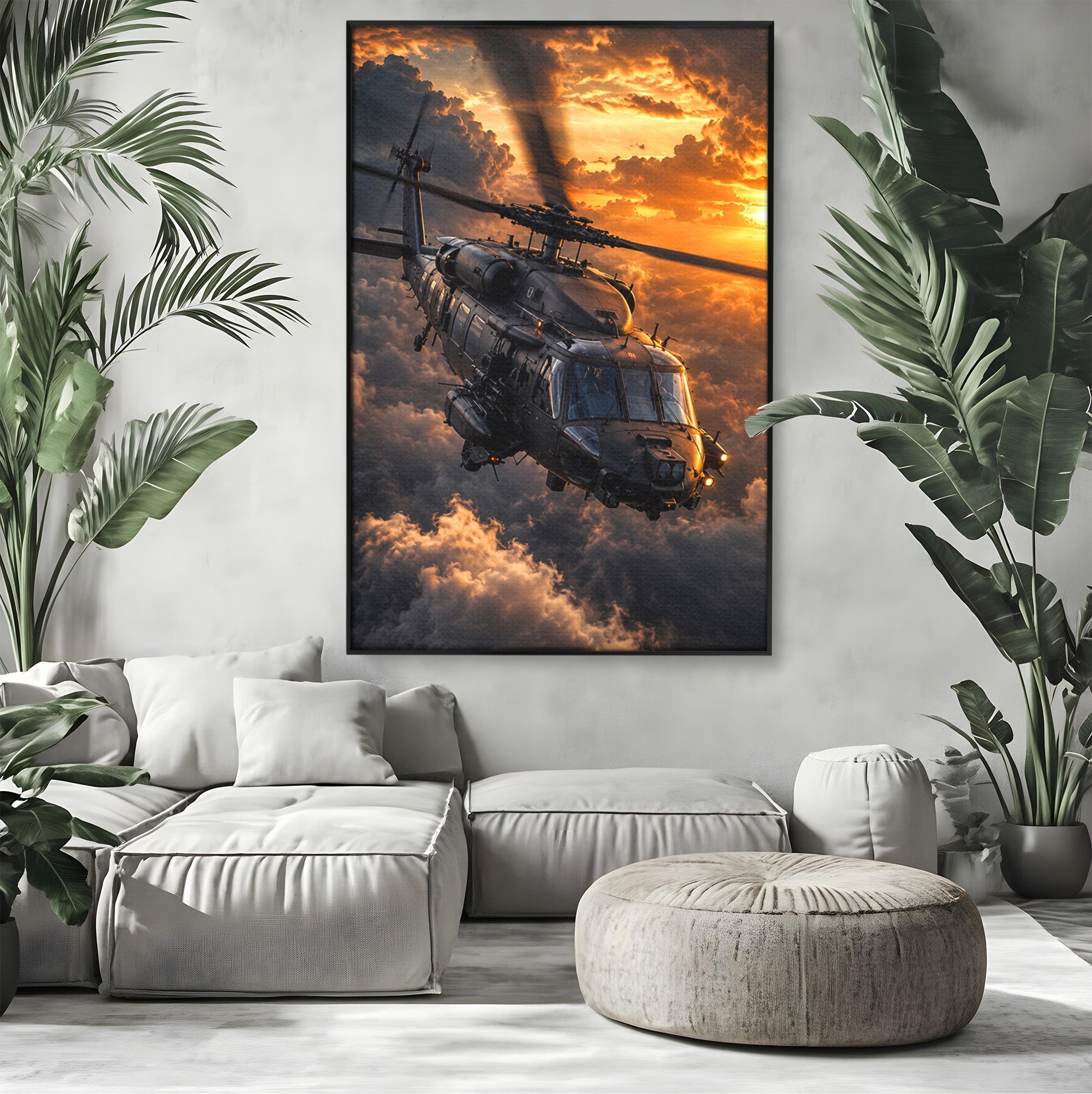 Tablou Canvas Premium LuxCanva® PI1291, Elicopter In Apus, Elice, Cer, Apus, Aventura, Dormitor, Culori Vibrante