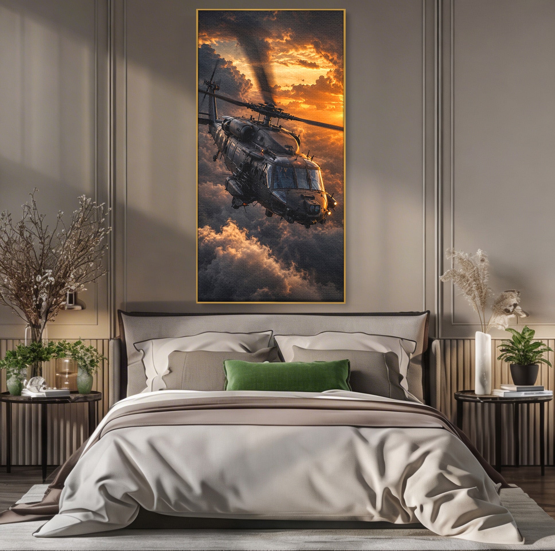 Tablou Canvas Premium LuxCanva® PI1291, Elicopter In Apus, Elice, Cer, Apus, Aventura, Dormitor, Culori Vibrante