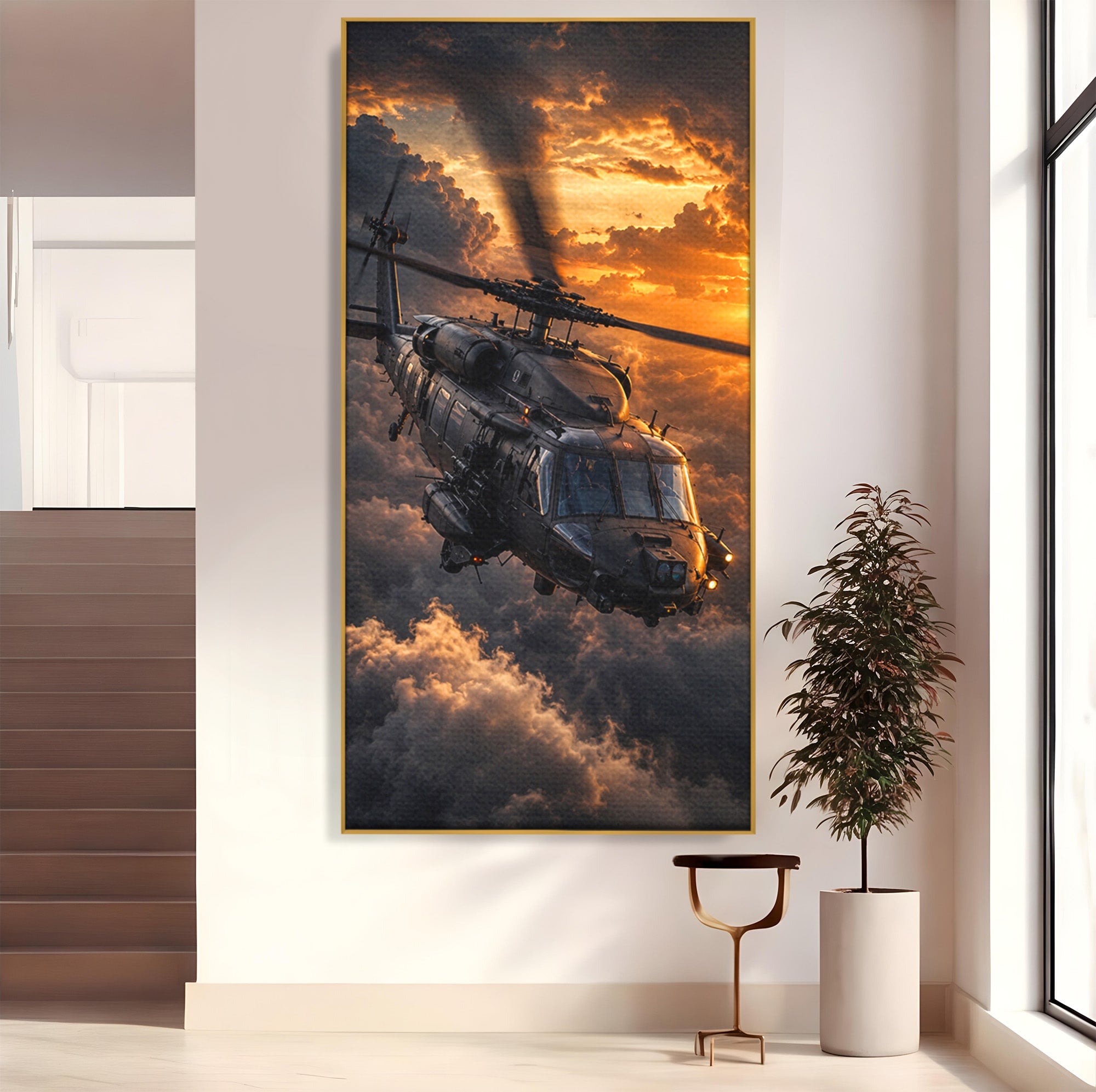 Tablou Canvas Premium LuxCanva® PI1291, Elicopter In Apus, Elice, Cer, Apus, Aventura, Dormitor, Culori Vibrante