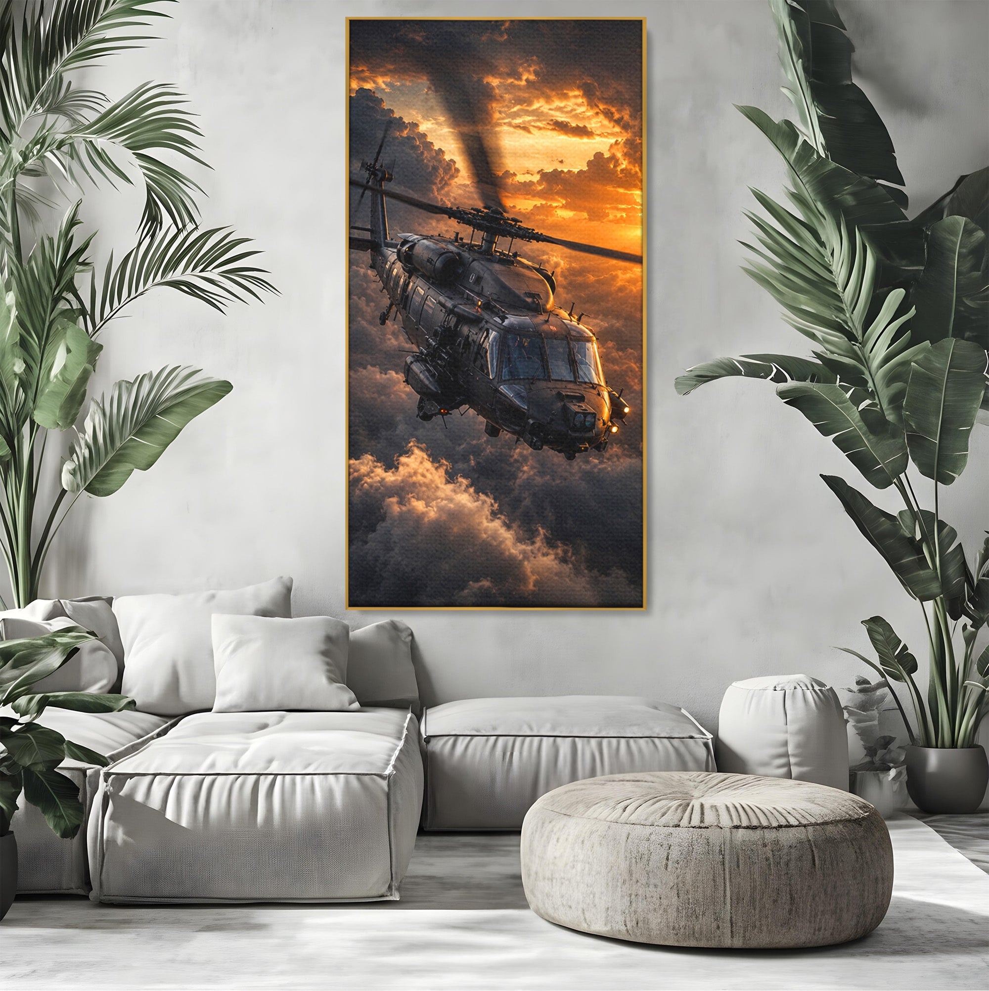 Tablou Canvas Premium LuxCanva® PI1291, Elicopter In Apus, Elice, Cer, Apus, Aventura, Dormitor, Culori Vibrante