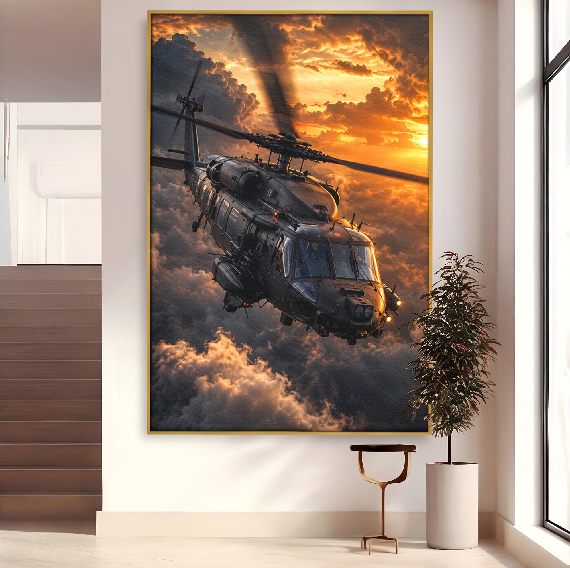 Tablou Canvas Premium LuxCanva® PI1291, Elicopter In Apus, Elice, Cer, Apus, Aventura, Dormitor, Culori Vibrante