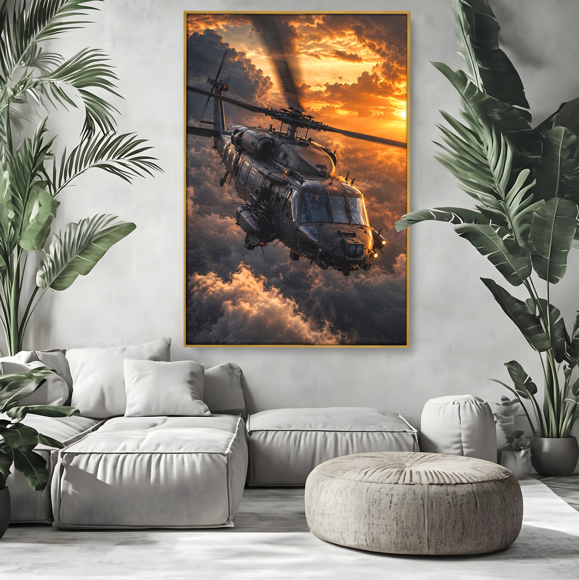 Tablou Canvas Premium LuxCanva® PI1291, Elicopter In Apus, Elice, Cer, Apus, Aventura, Dormitor, Culori Vibrante