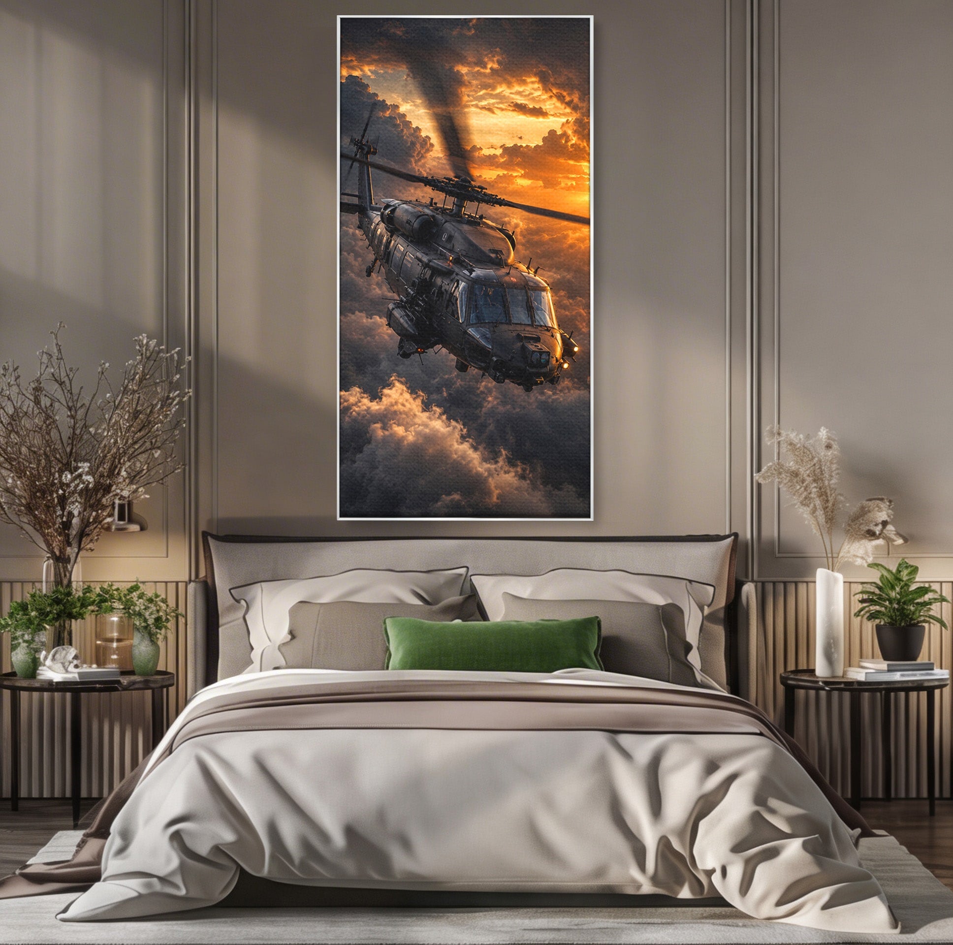 Tablou Canvas Premium LuxCanva® PI1291, Elicopter In Apus, Elice, Cer, Apus, Aventura, Dormitor, Culori Vibrante