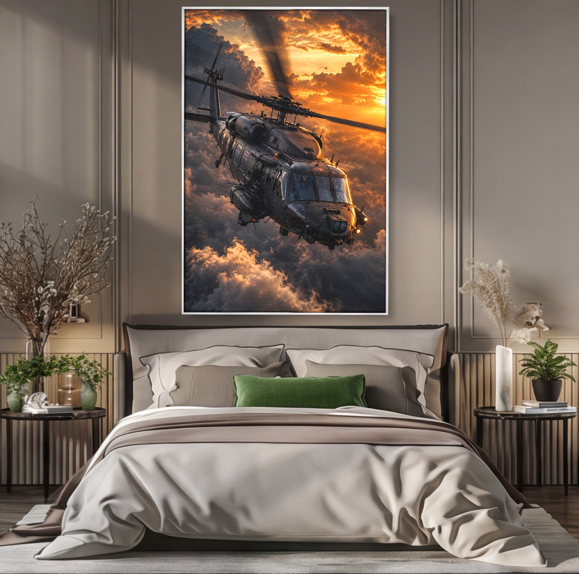 Tablou Canvas Premium LuxCanva® PI1291, Elicopter In Apus, Elice, Cer, Apus, Aventura, Dormitor, Culori Vibrante