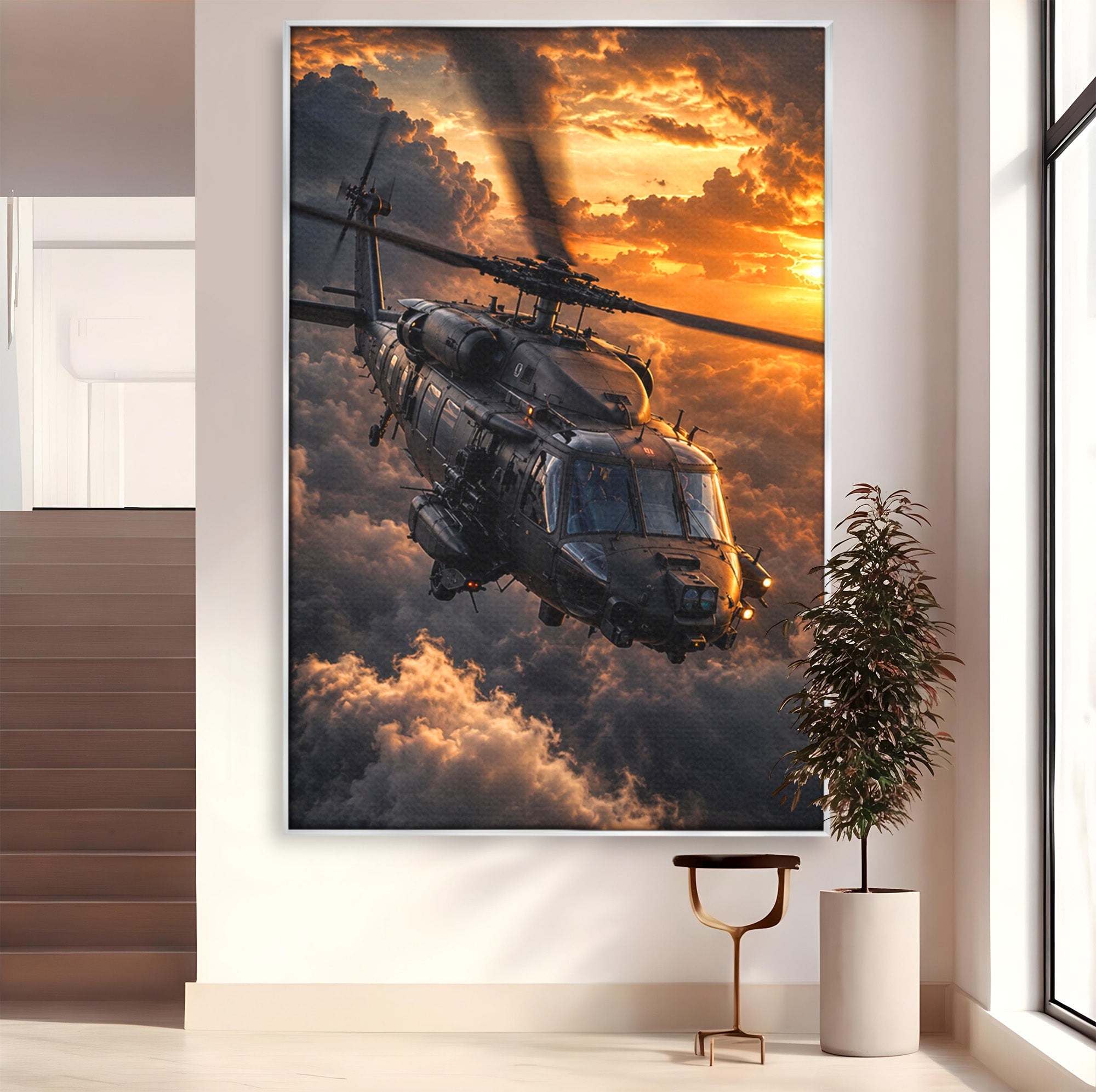 Tablou Canvas Premium LuxCanva® PI1291, Elicopter In Apus, Elice, Cer, Apus, Aventura, Dormitor, Culori Vibrante