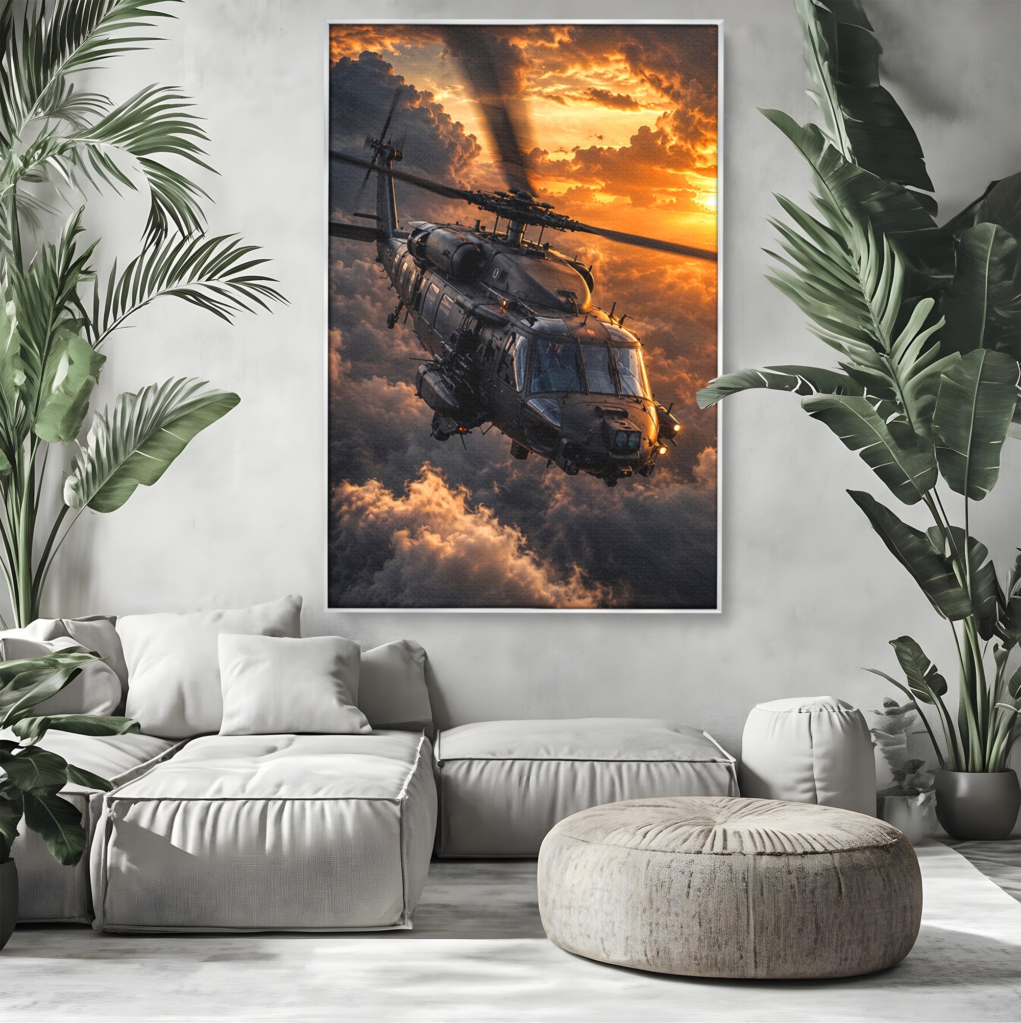 Tablou Canvas Premium LuxCanva® PI1291, Elicopter In Apus, Elice, Cer, Apus, Aventura, Dormitor, Culori Vibrante