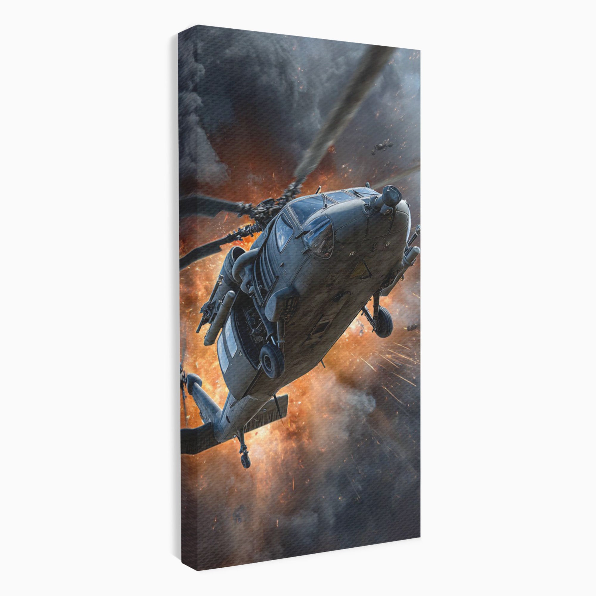 Tablou Canvas Premium LuxCanva® PI1292, Elicopter In Flacari, Razboi, Actiune, Explozie, Aventura, Dormitor, Living, Culori Vibrante