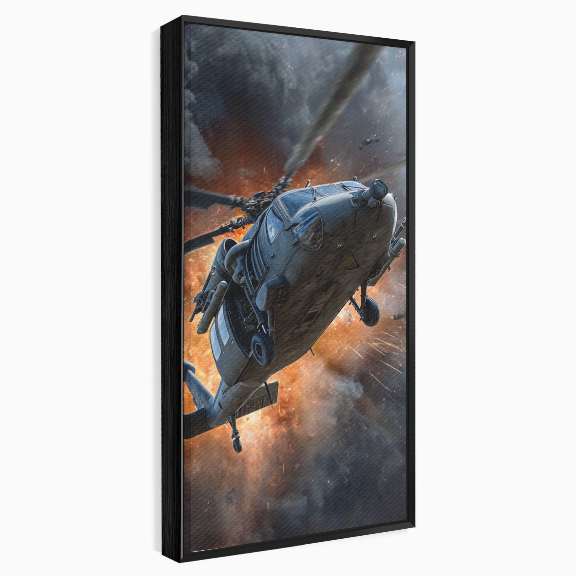Tablou Canvas Premium LuxCanva® PI1292, Elicopter In Flacari, Razboi, Actiune, Explozie, Aventura, Dormitor, Living, Culori Vibrante