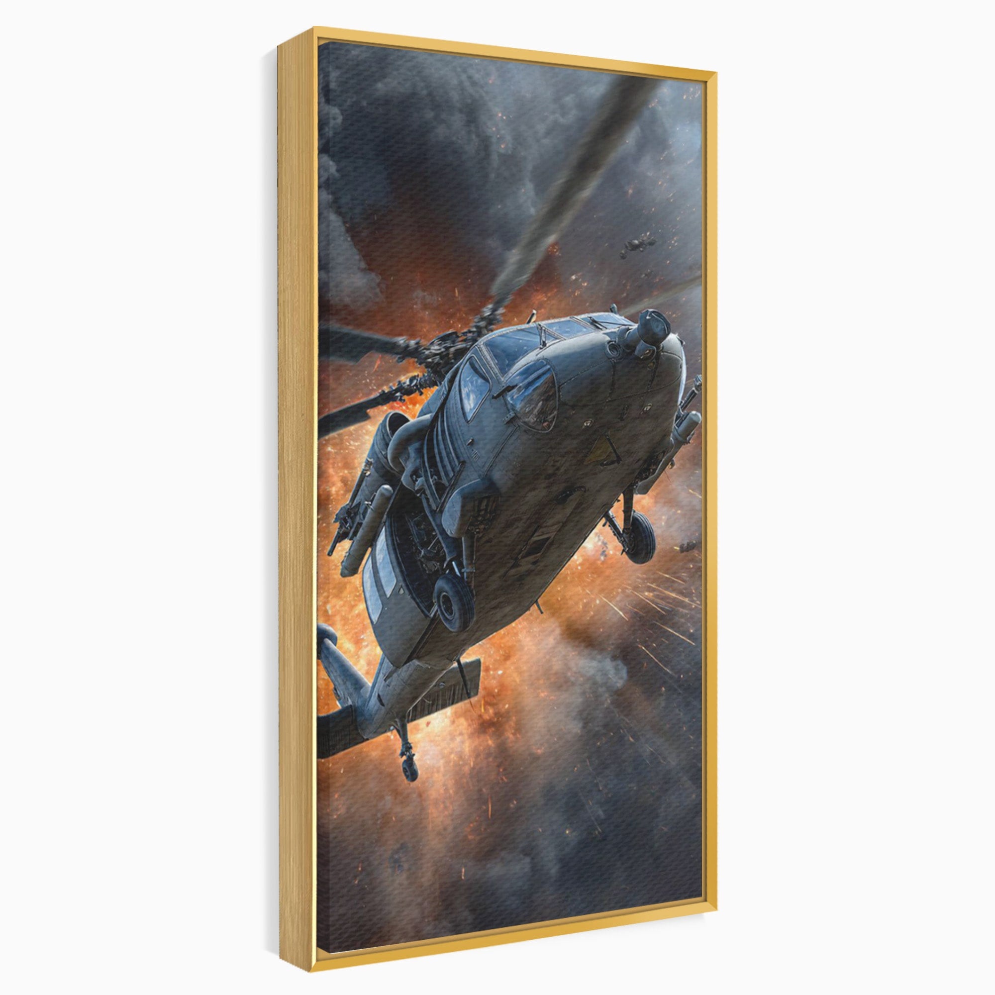 Tablou Canvas Premium LuxCanva® PI1292, Elicopter In Flacari, Razboi, Actiune, Explozie, Aventura, Dormitor, Living, Culori Vibrante