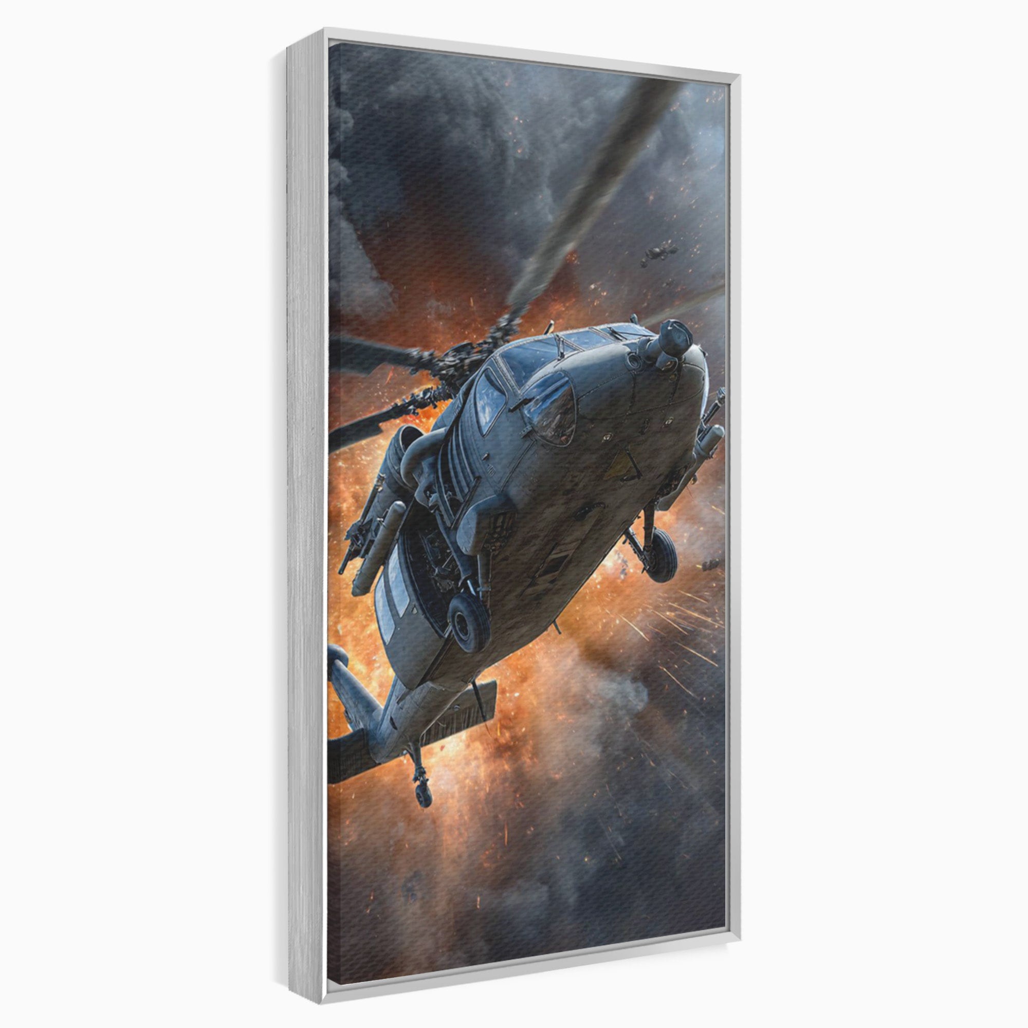 Tablou Canvas Premium LuxCanva® PI1292, Elicopter In Flacari, Razboi, Actiune, Explozie, Aventura, Dormitor, Living, Culori Vibrante
