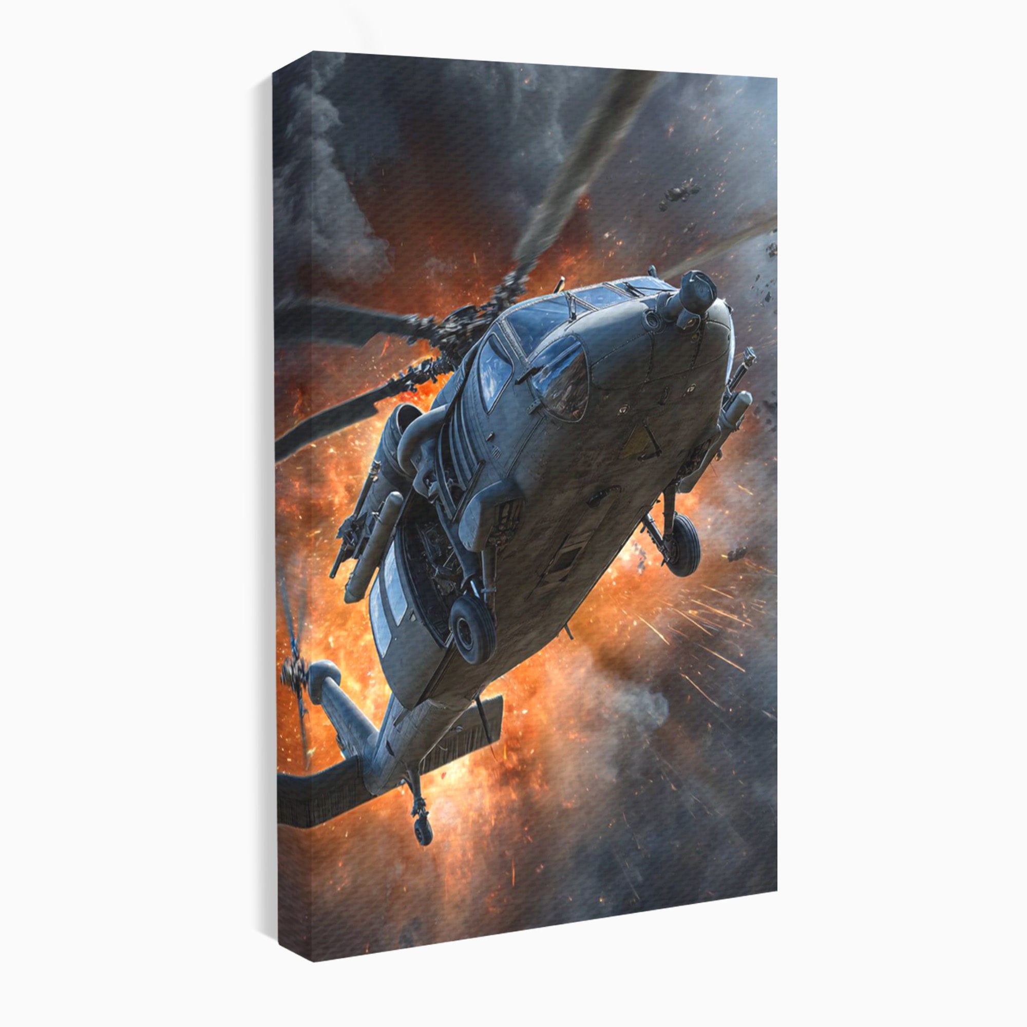 Tablou Canvas Premium LuxCanva® PI1292, Elicopter In Flacari, Razboi, Actiune, Explozie, Aventura, Dormitor, Living, Culori Vibrante