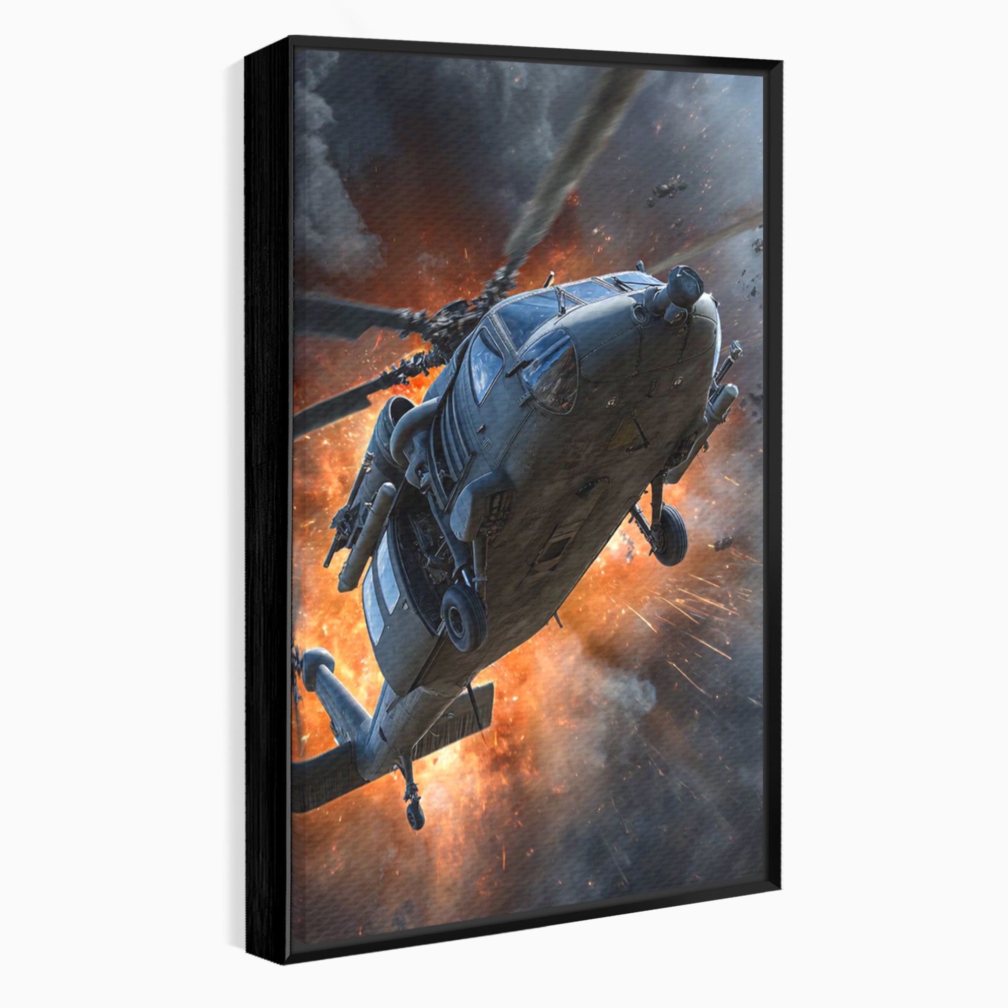 Tablou Canvas Premium LuxCanva® PI1292, Elicopter In Flacari, Razboi, Actiune, Explozie, Aventura, Dormitor, Living, Culori Vibrante