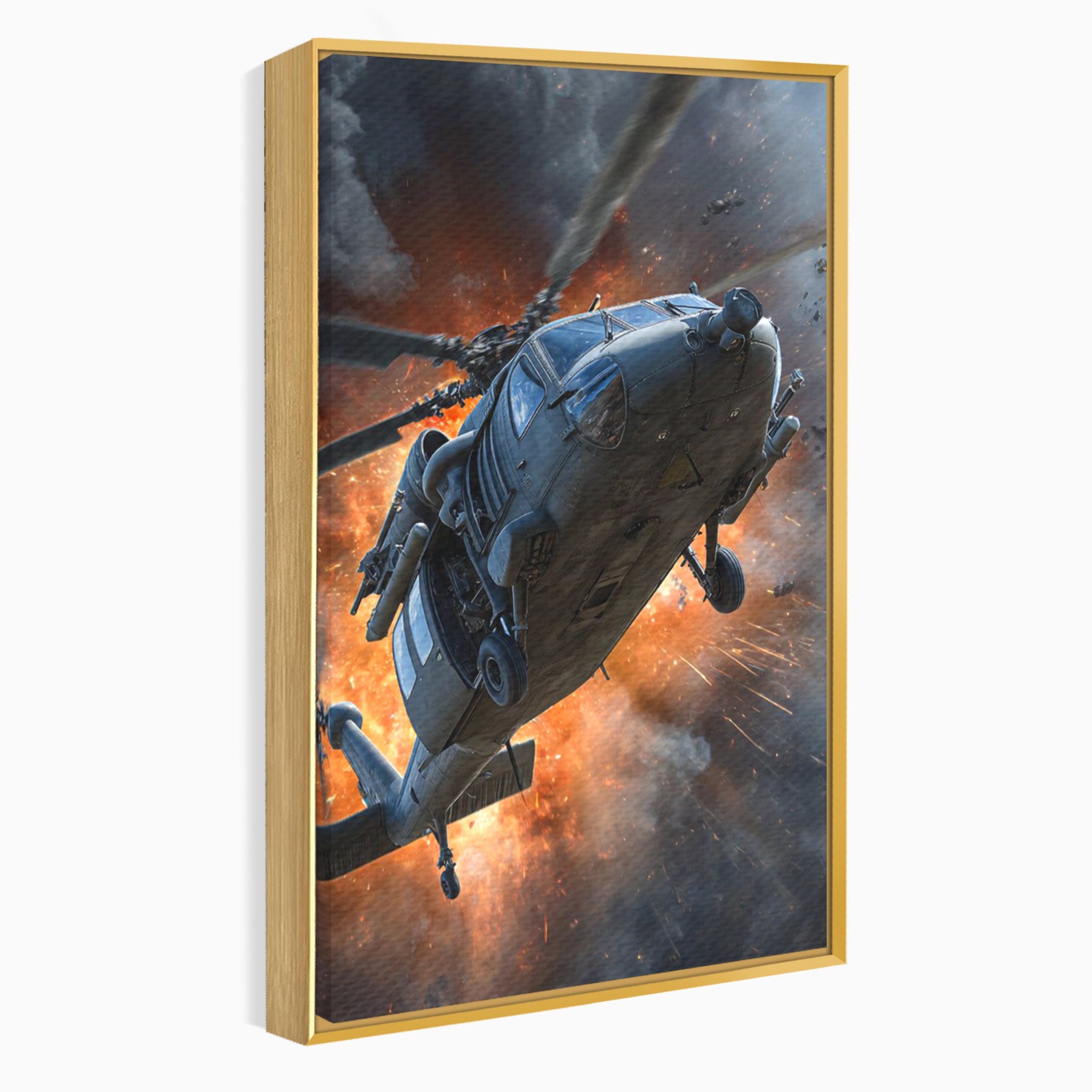 Tablou Canvas Premium LuxCanva® PI1292, Elicopter In Flacari, Razboi, Actiune, Explozie, Aventura, Dormitor, Living, Culori Vibrante
