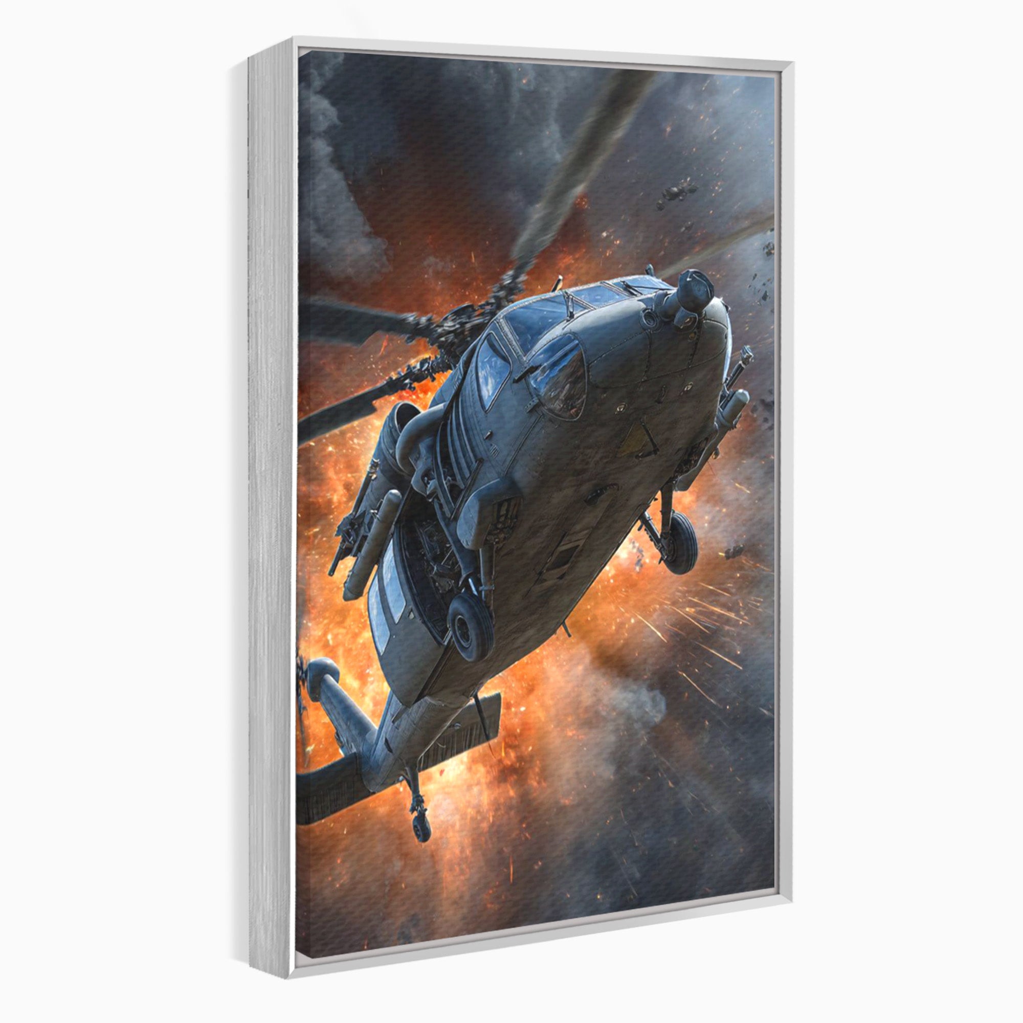 Tablou Canvas Premium LuxCanva® PI1292, Elicopter In Flacari, Razboi, Actiune, Explozie, Aventura, Dormitor, Living, Culori Vibrante