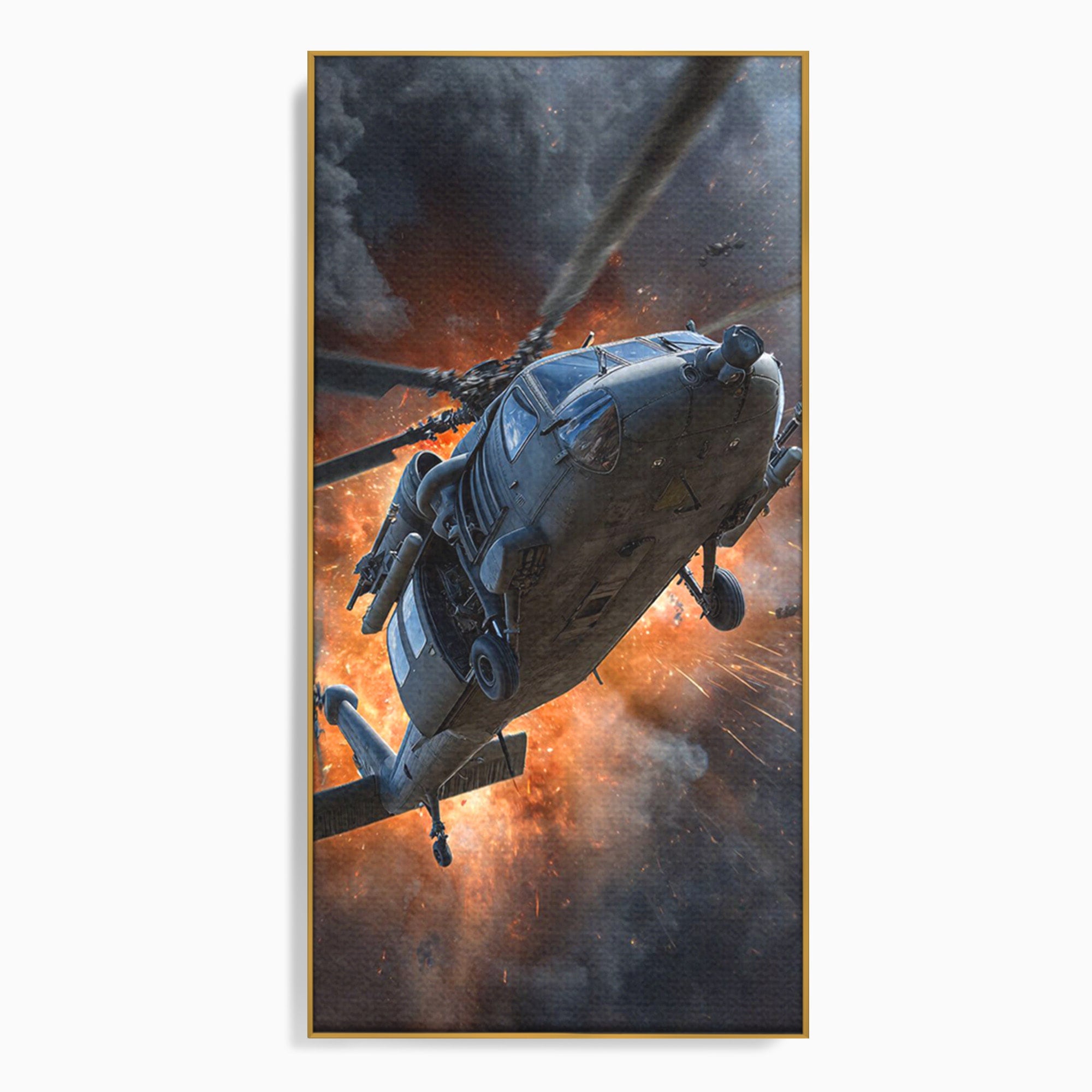 Tablou Canvas Premium LuxCanva® PI1292, Elicopter In Flacari, Razboi, Actiune, Explozie, Aventura, Dormitor, Living, Culori Vibrante