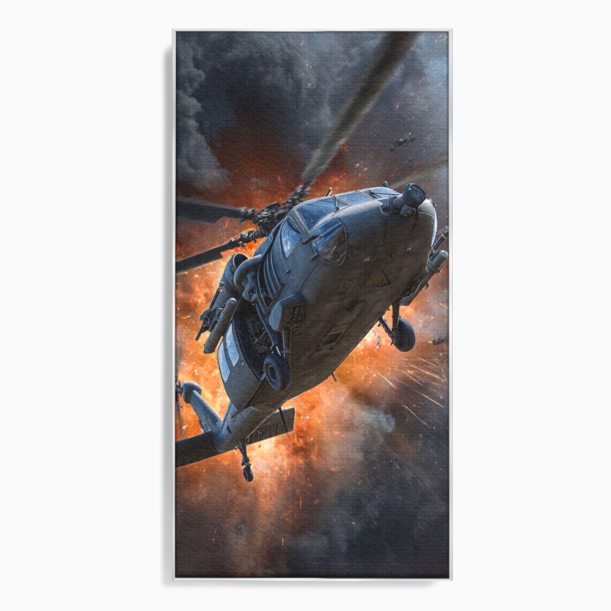 Tablou Canvas Premium LuxCanva® PI1292, Elicopter In Flacari, Razboi, Actiune, Explozie, Aventura, Dormitor, Living, Culori Vibrante