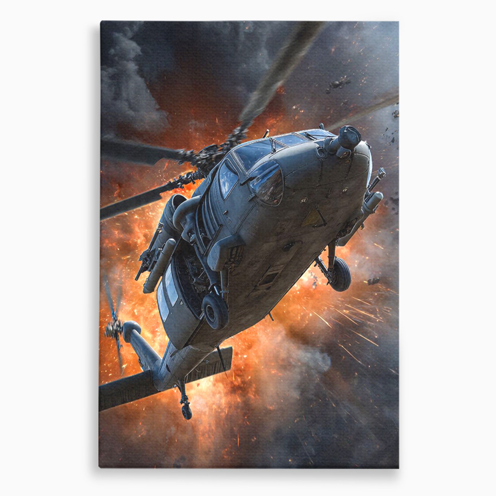Tablou Canvas Premium LuxCanva® PI1292, Elicopter In Flacari, Razboi, Actiune, Explozie, Aventura, Dormitor, Living, Culori Vibrante