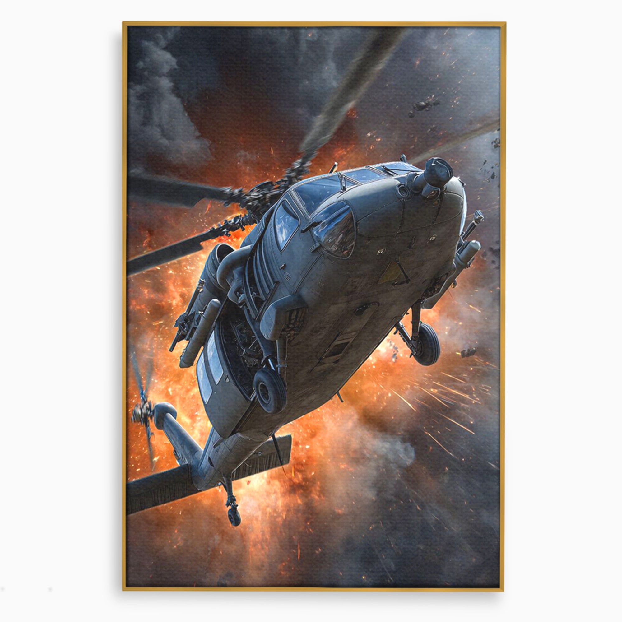 Tablou Canvas Premium LuxCanva® PI1292, Elicopter In Flacari, Razboi, Actiune, Explozie, Aventura, Dormitor, Living, Culori Vibrante