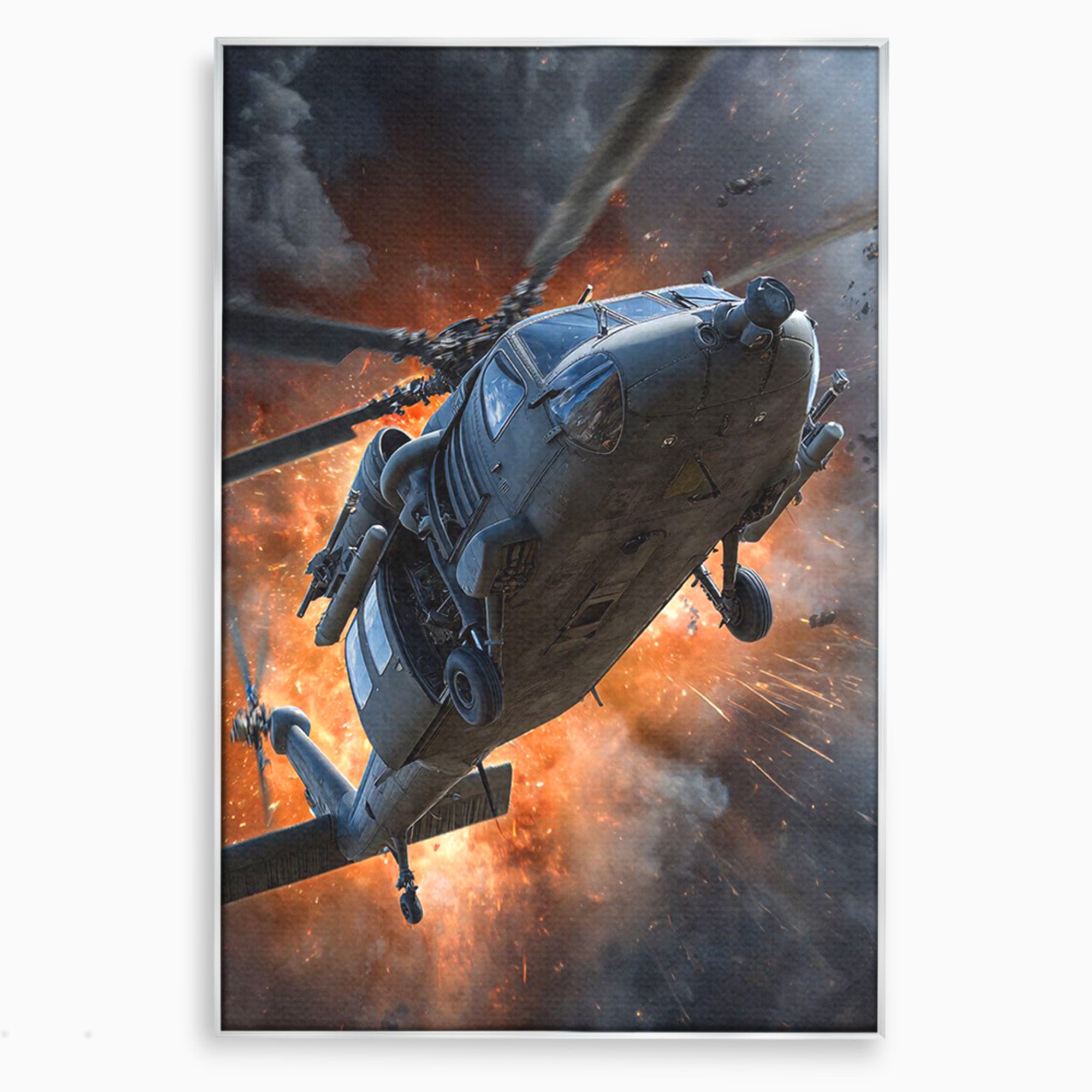 Tablou Canvas Premium LuxCanva® PI1292, Elicopter In Flacari, Razboi, Actiune, Explozie, Aventura, Dormitor, Living, Culori Vibrante
