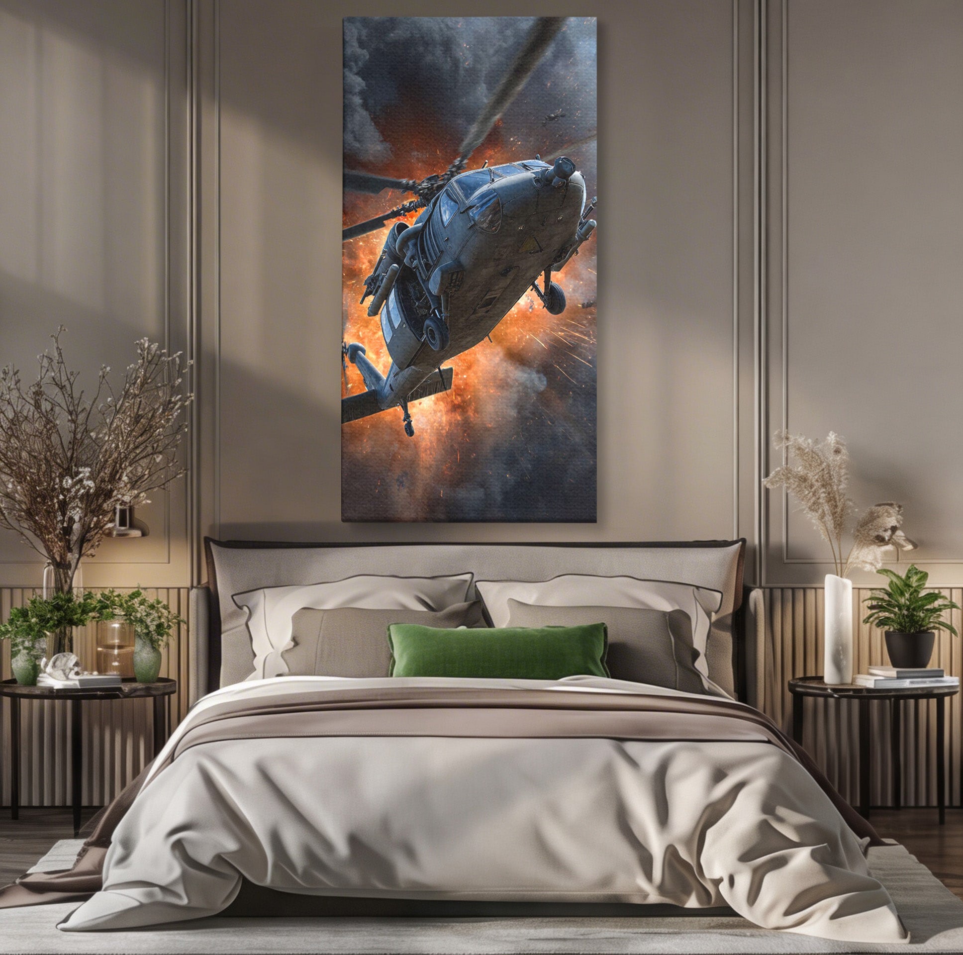 Tablou Canvas Premium LuxCanva® PI1292, Elicopter In Flacari, Razboi, Actiune, Explozie, Aventura, Dormitor, Living, Culori Vibrante