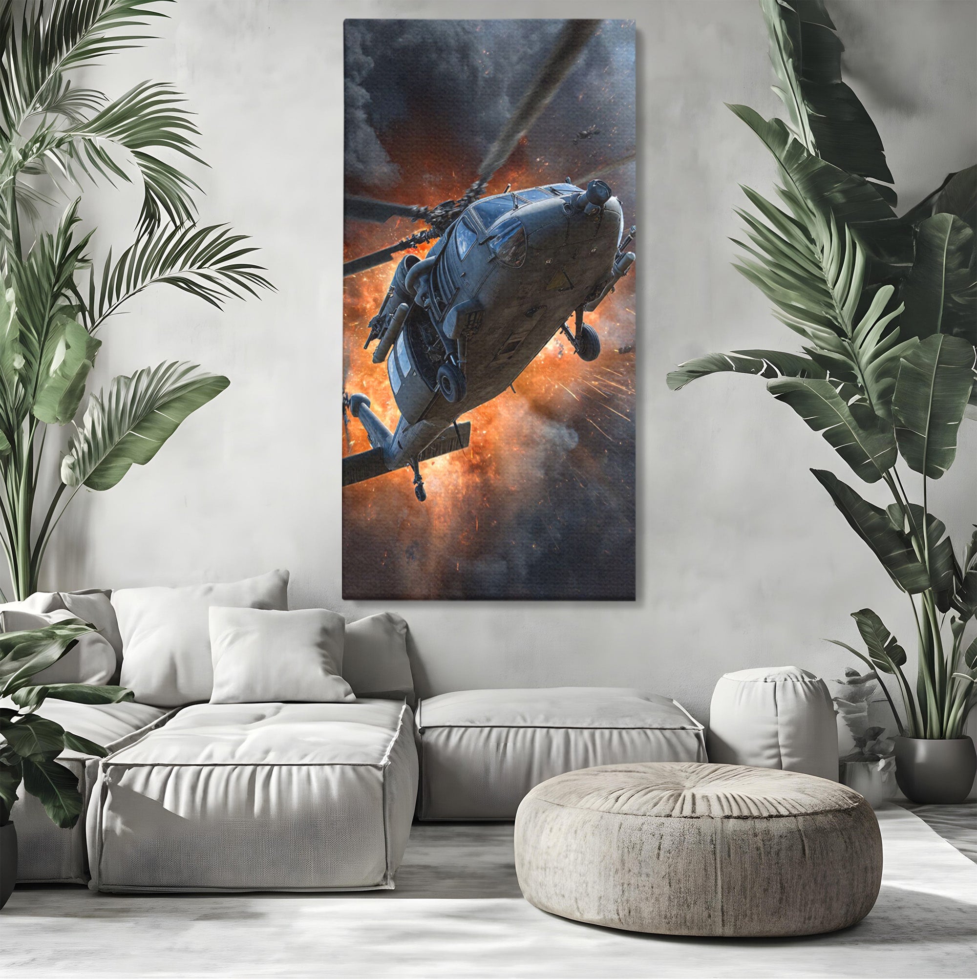 Tablou Canvas Premium LuxCanva® PI1292, Elicopter In Flacari, Razboi, Actiune, Explozie, Aventura, Dormitor, Living, Culori Vibrante