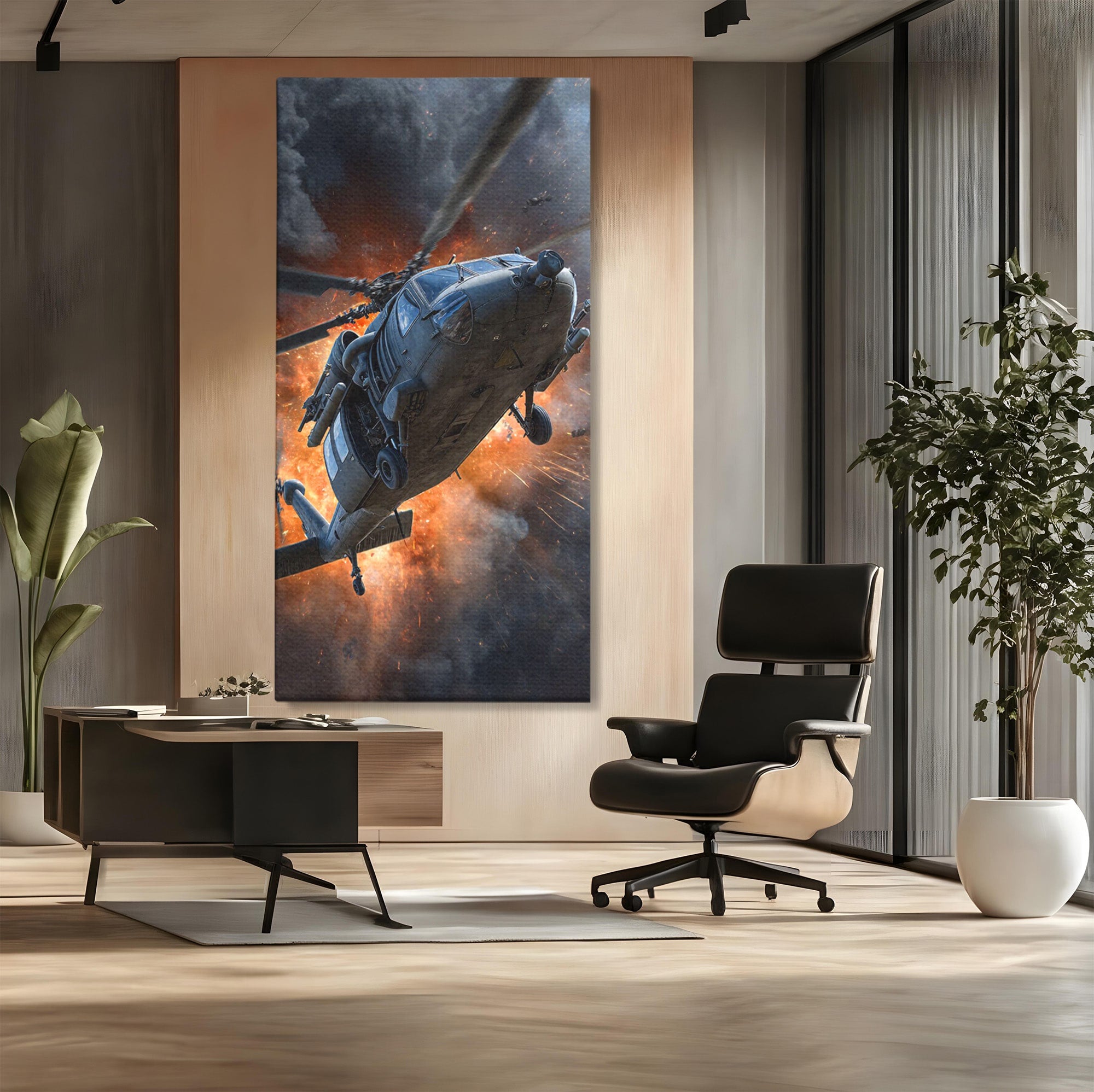Tablou Canvas Premium LuxCanva® PI1292, Elicopter In Flacari, Razboi, Actiune, Explozie, Aventura, Dormitor, Living, Culori Vibrante