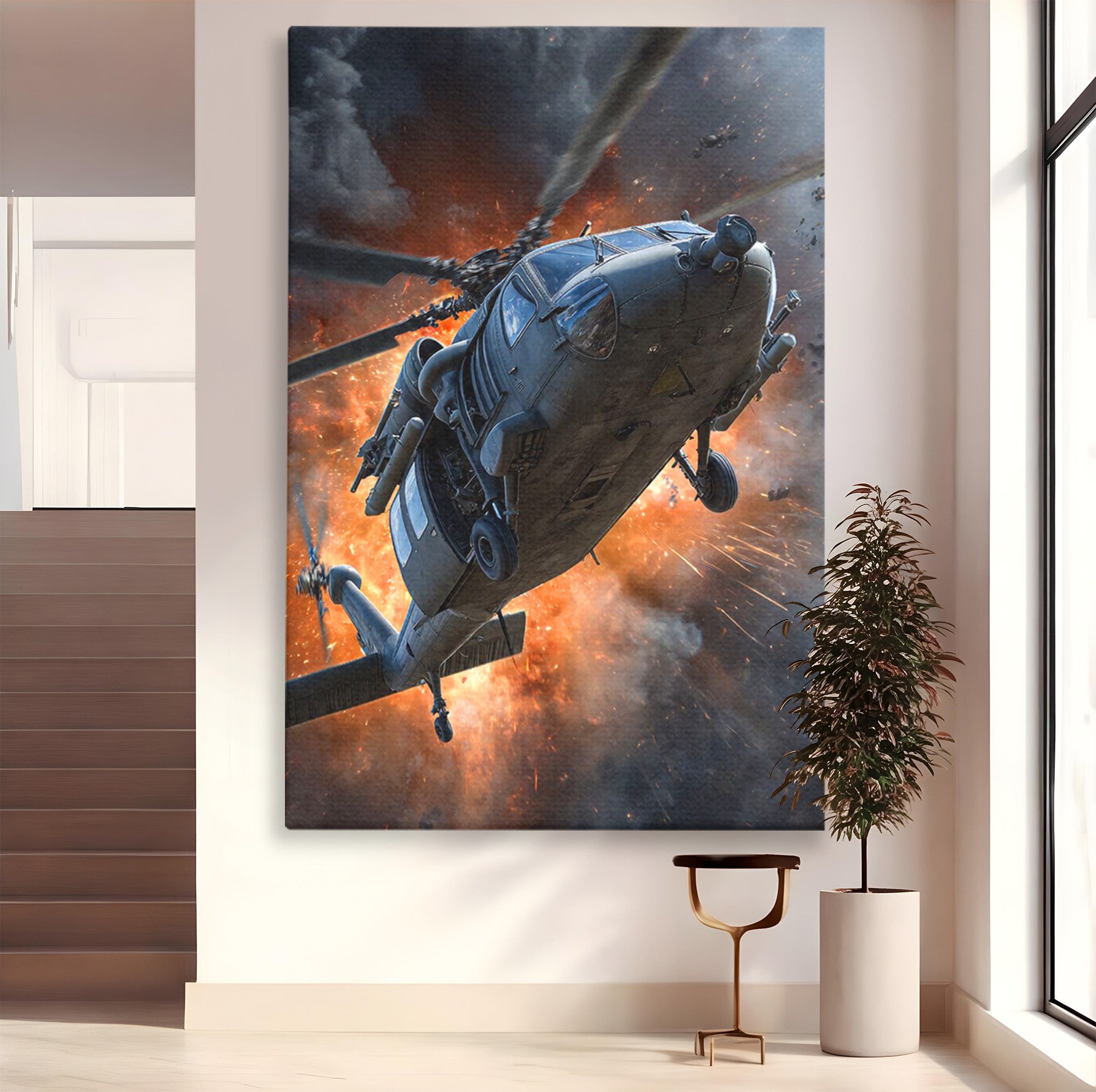 Tablou Canvas Premium LuxCanva® PI1292, Elicopter In Flacari, Razboi, Actiune, Explozie, Aventura, Dormitor, Living, Culori Vibrante
