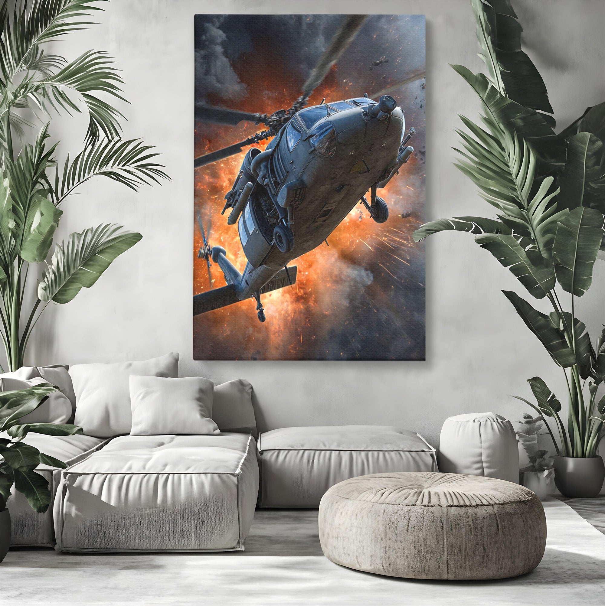 Tablou Canvas Premium LuxCanva® PI1292, Elicopter In Flacari, Razboi, Actiune, Explozie, Aventura, Dormitor, Living, Culori Vibrante