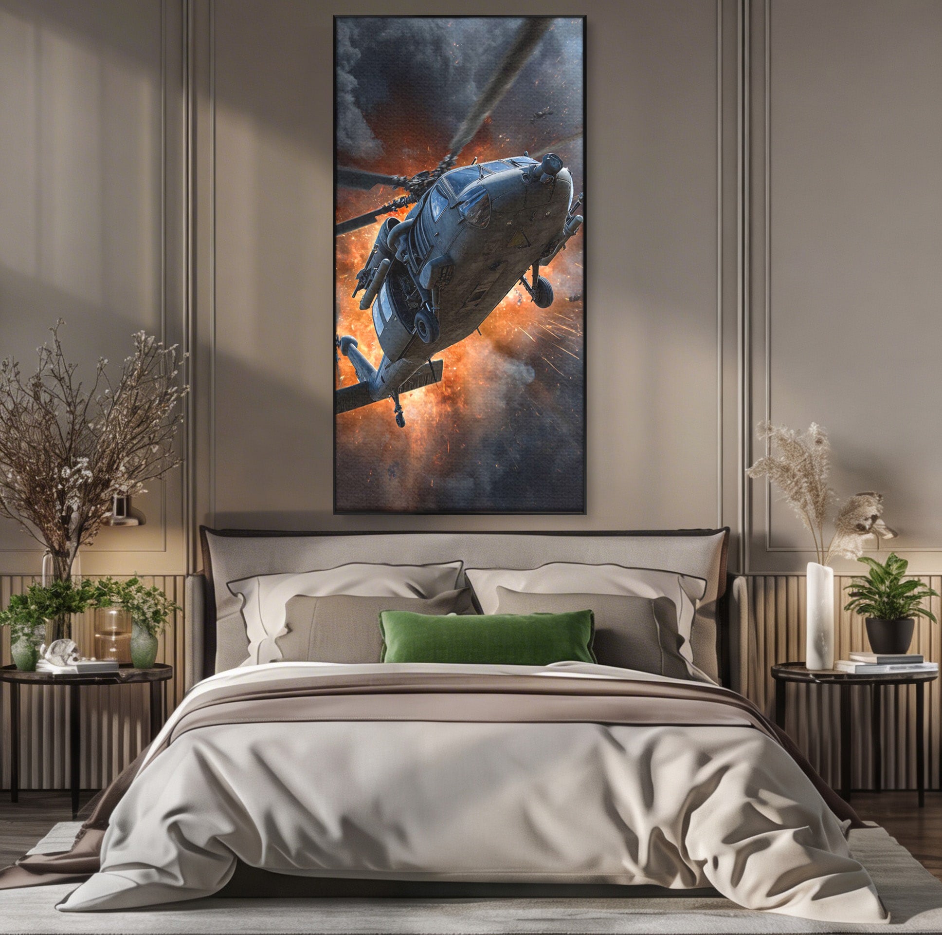 Tablou Canvas Premium LuxCanva® PI1292, Elicopter In Flacari, Razboi, Actiune, Explozie, Aventura, Dormitor, Living, Culori Vibrante