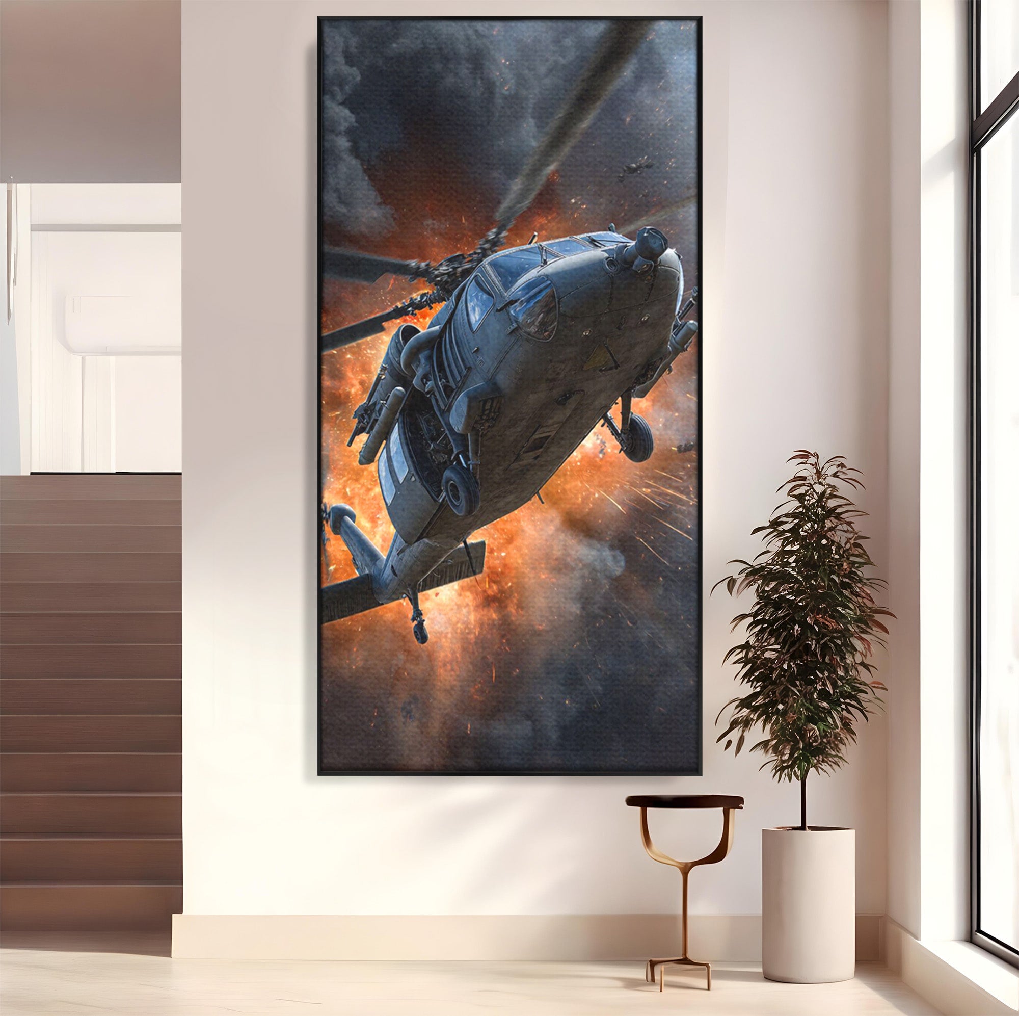 Tablou Canvas Premium LuxCanva® PI1292, Elicopter In Flacari, Razboi, Actiune, Explozie, Aventura, Dormitor, Living, Culori Vibrante