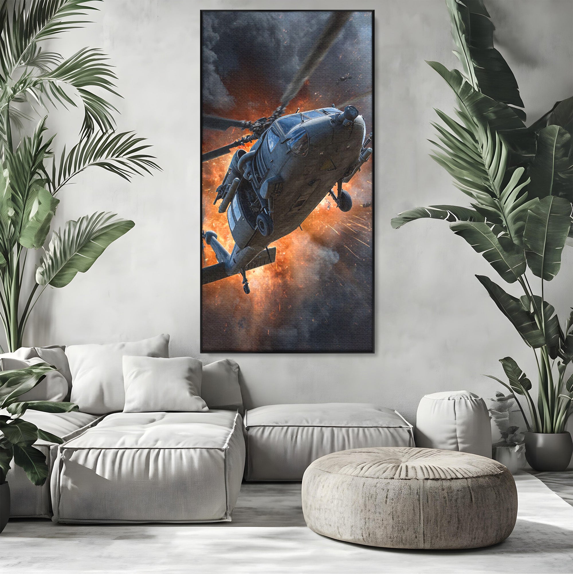 Tablou Canvas Premium LuxCanva® PI1292, Elicopter In Flacari, Razboi, Actiune, Explozie, Aventura, Dormitor, Living, Culori Vibrante