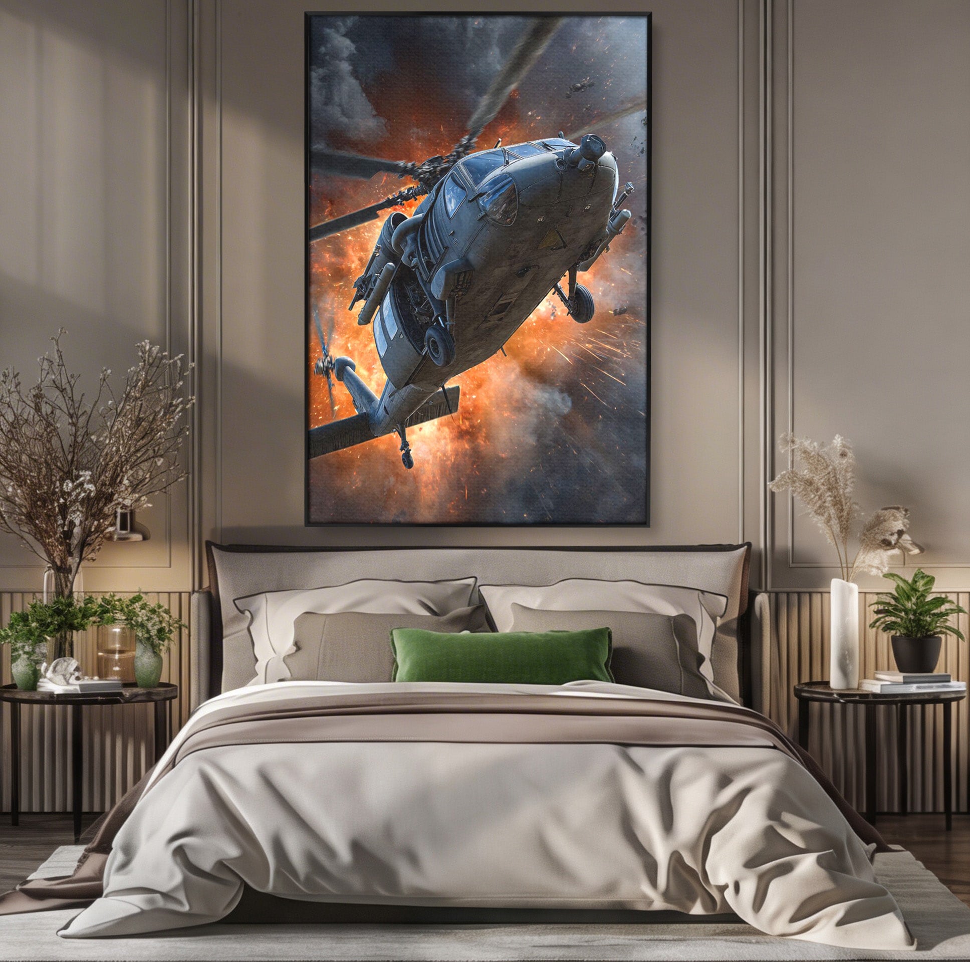 Tablou Canvas Premium LuxCanva® PI1292, Elicopter In Flacari, Razboi, Actiune, Explozie, Aventura, Dormitor, Living, Culori Vibrante