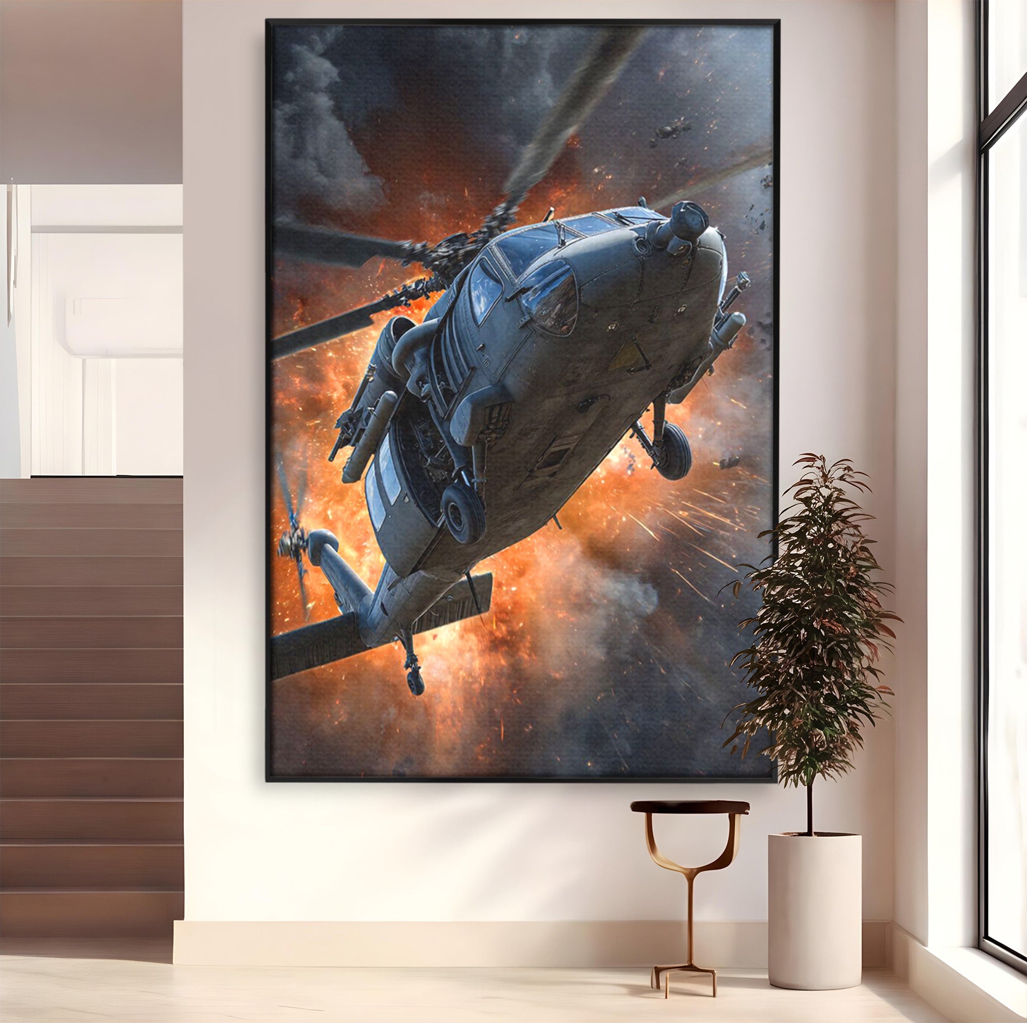 Tablou Canvas Premium LuxCanva® PI1292, Elicopter In Flacari, Razboi, Actiune, Explozie, Aventura, Dormitor, Living, Culori Vibrante