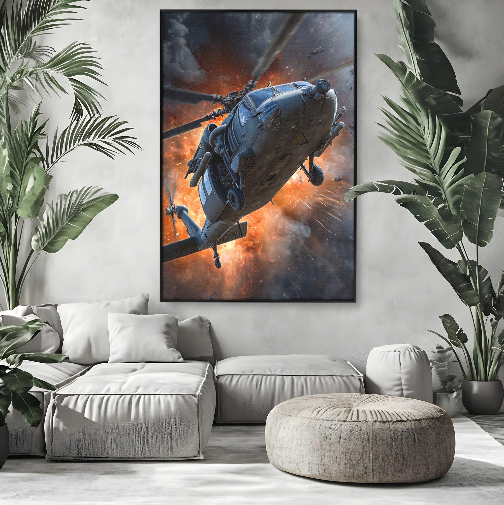 Tablou Canvas Premium LuxCanva® PI1292, Elicopter In Flacari, Razboi, Actiune, Explozie, Aventura, Dormitor, Living, Culori Vibrante