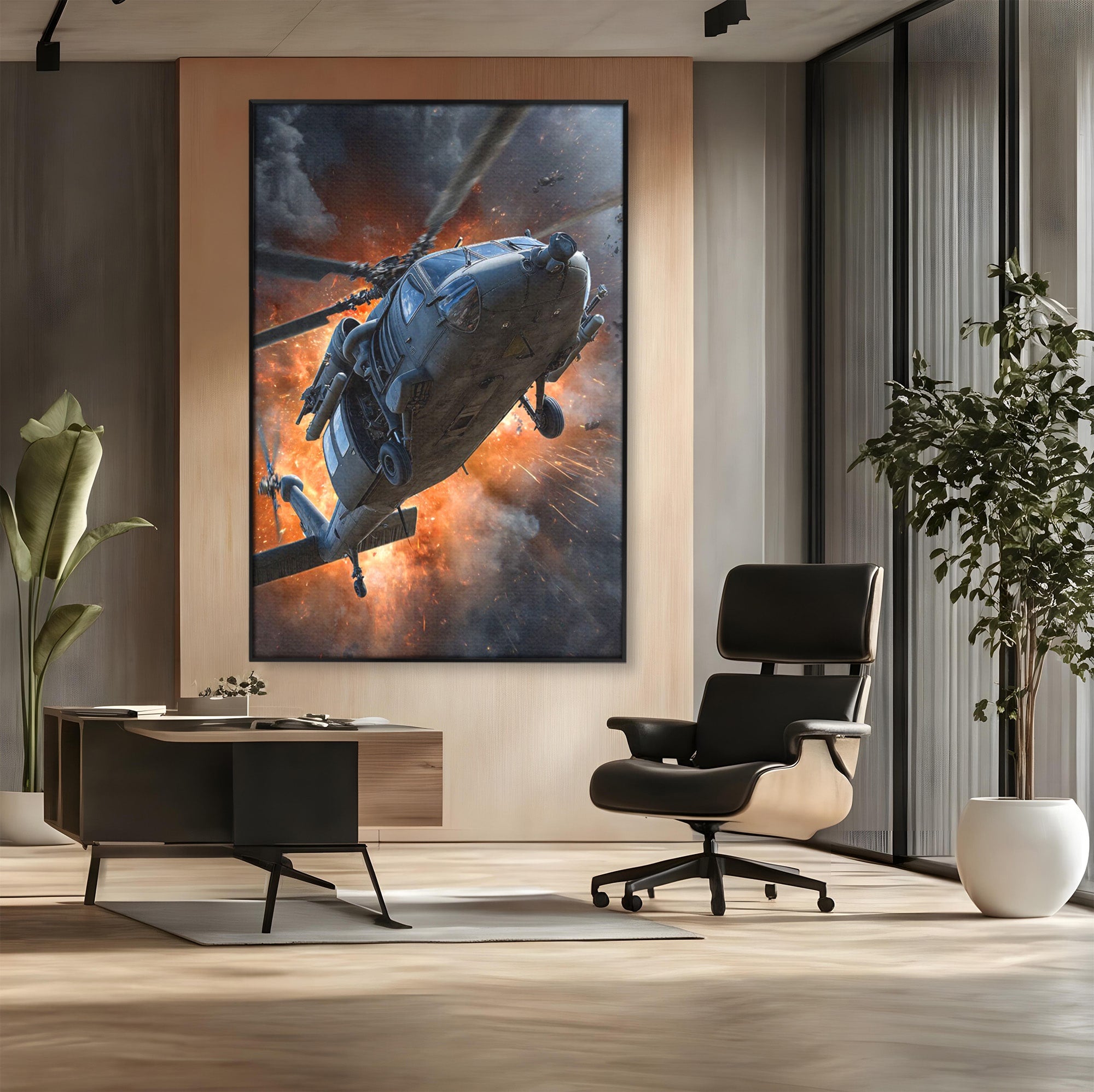 Tablou Canvas Premium LuxCanva® PI1292, Elicopter In Flacari, Razboi, Actiune, Explozie, Aventura, Dormitor, Living, Culori Vibrante