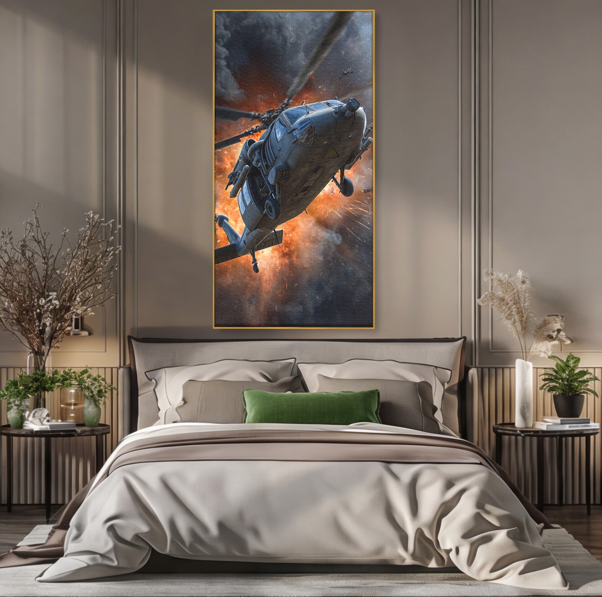 Tablou Canvas Premium LuxCanva® PI1292, Elicopter In Flacari, Razboi, Actiune, Explozie, Aventura, Dormitor, Living, Culori Vibrante